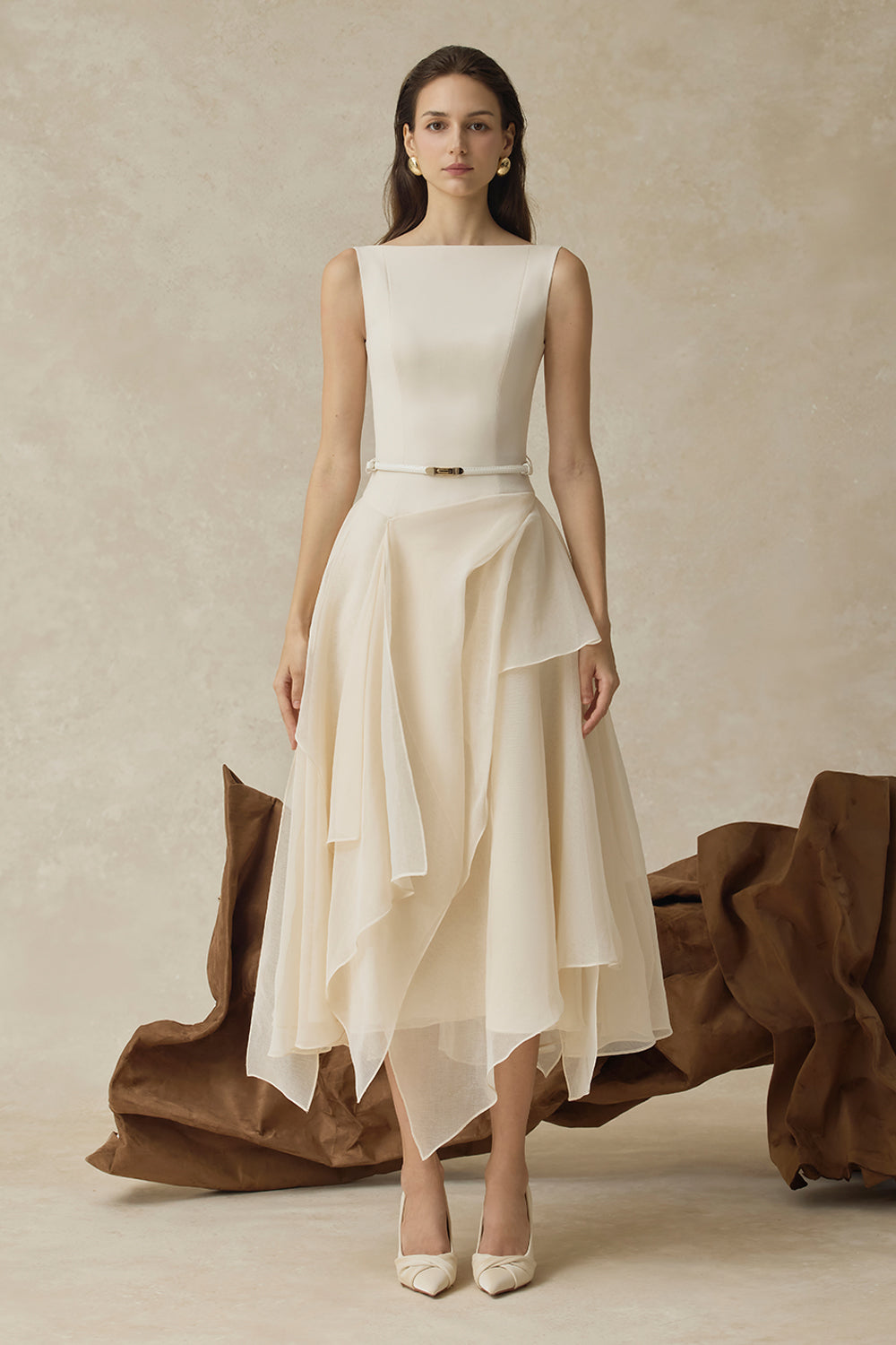 KELLY BEIGE CAPE SLEEVE RUFFLE MIDI DRESS W BELT
