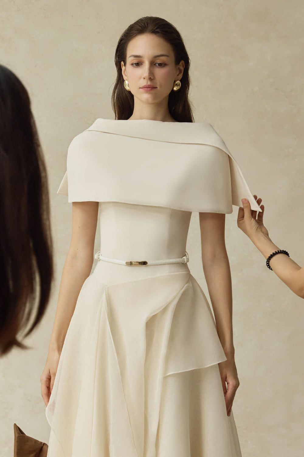 KELLY BEIGE CAPE SLEEVE RUFFLE MIDI DRESS W BELT