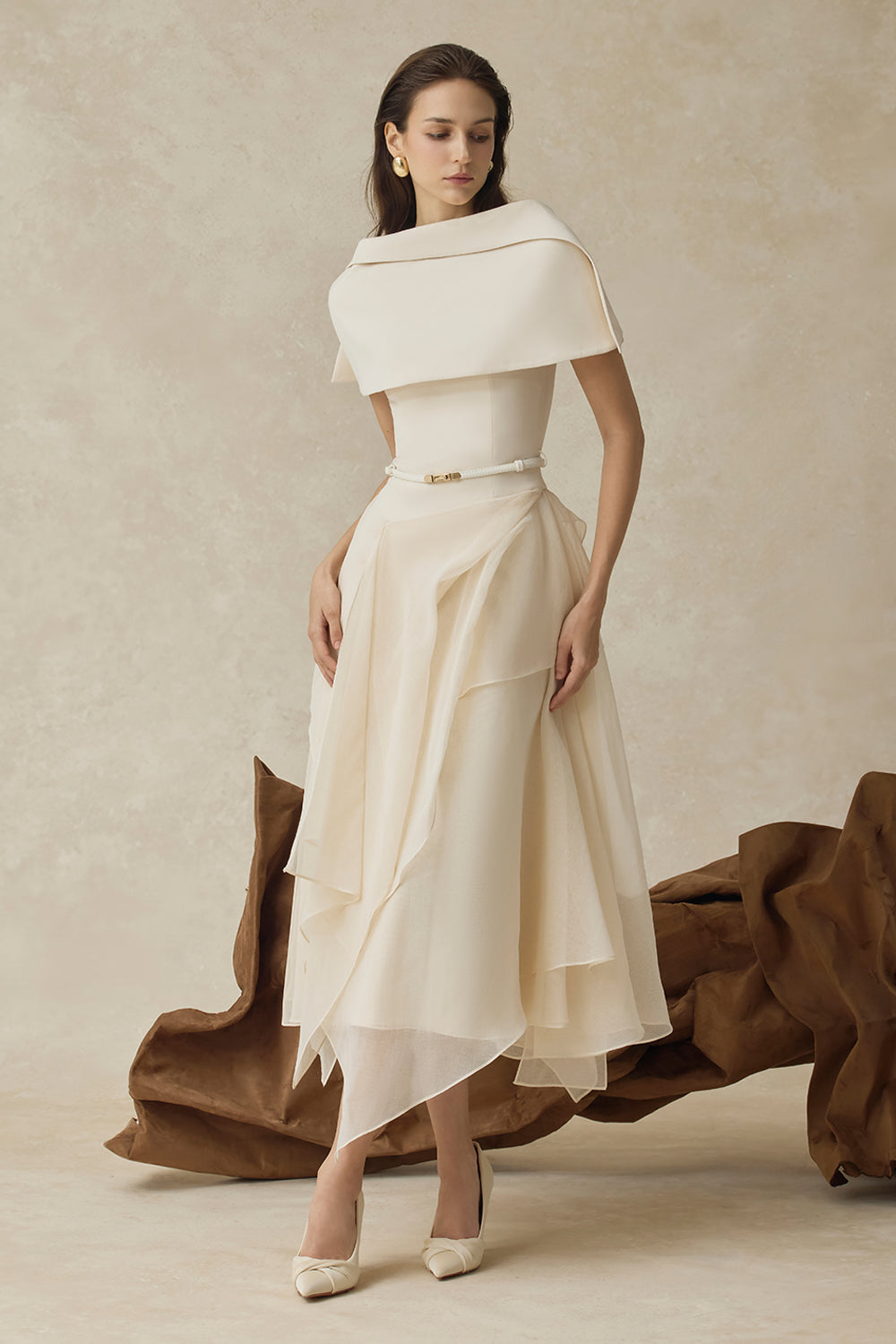 KELLY BEIGE CAPE SLEEVE RUFFLE MIDI DRESS W BELT