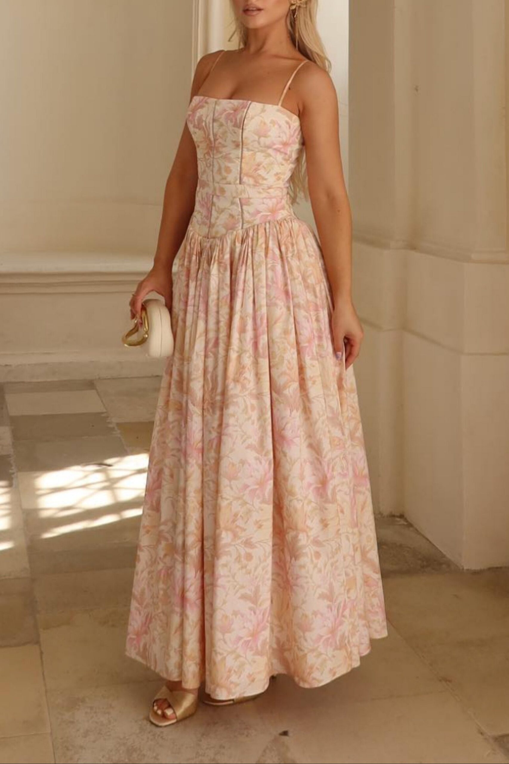 HELEN PEACH FLORAL MIDI DRESS - A-LINE COTTON
