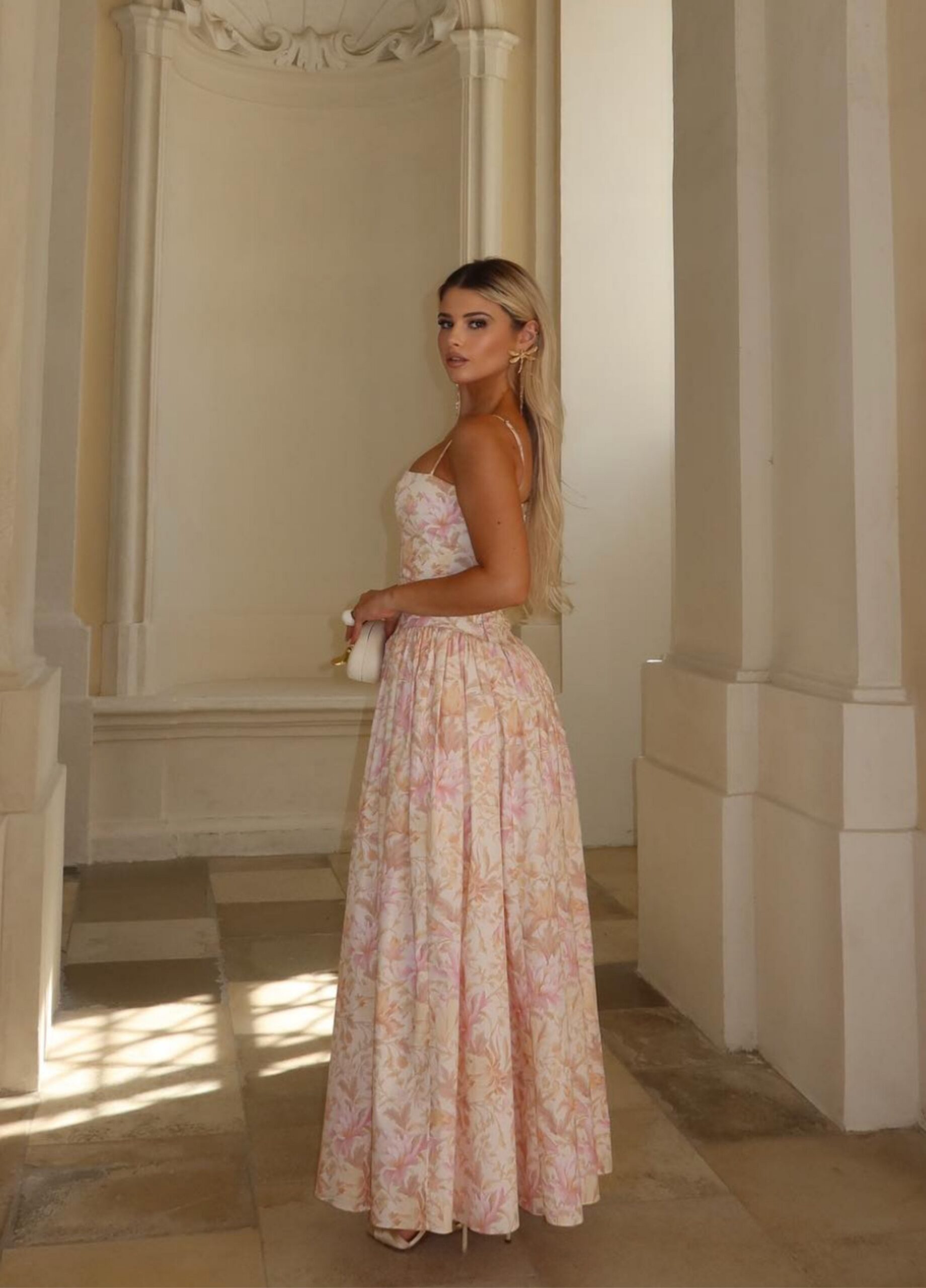 HELEN PEACH FLORAL MIDI DRESS - A-LINE COTTON