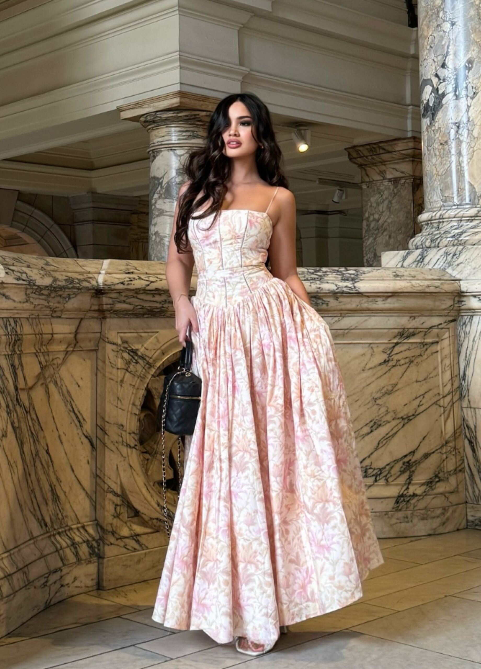 HELEN PEACH FLORAL MIDI DRESS - A-LINE COTTON