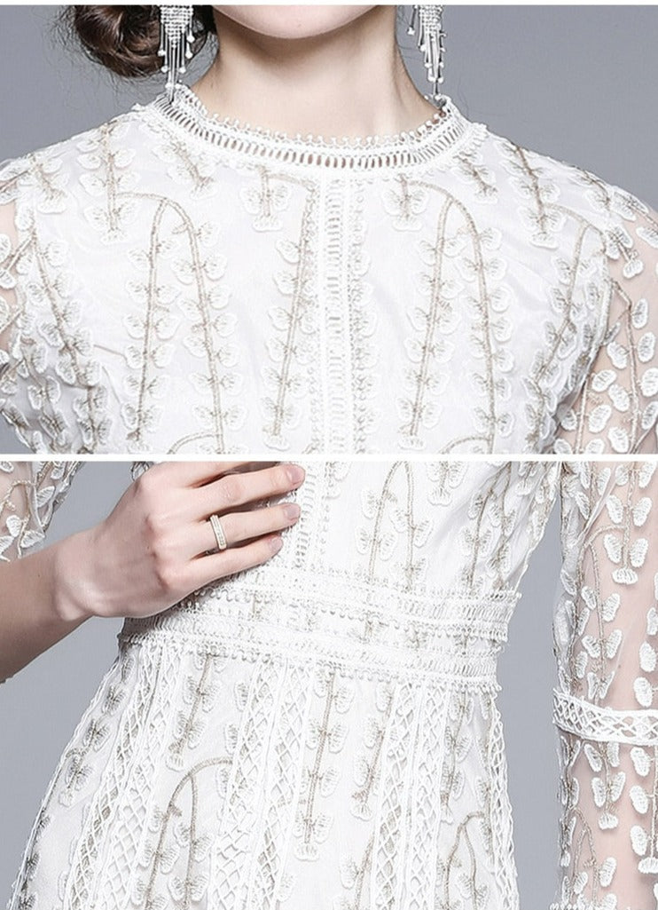 WHITE LACE EMBROIDERED MIDI DRESS FOR WEDDING GUEST