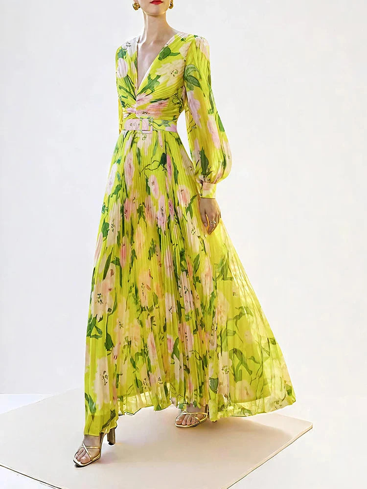 FLORAL PLEATED LANTERN SLEEVE MAXI DRESS YELLOW