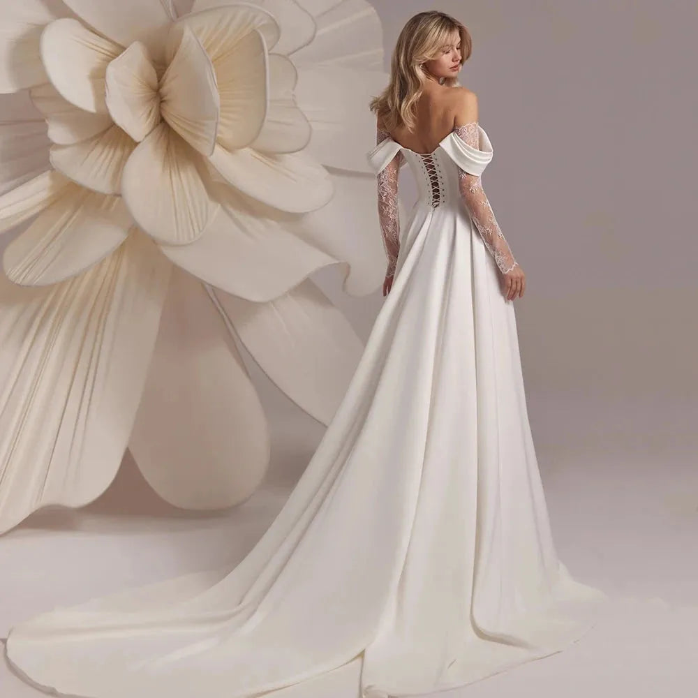 A-LINE OFF-SHOULDER SATIN LACE BRIDAL GOWN