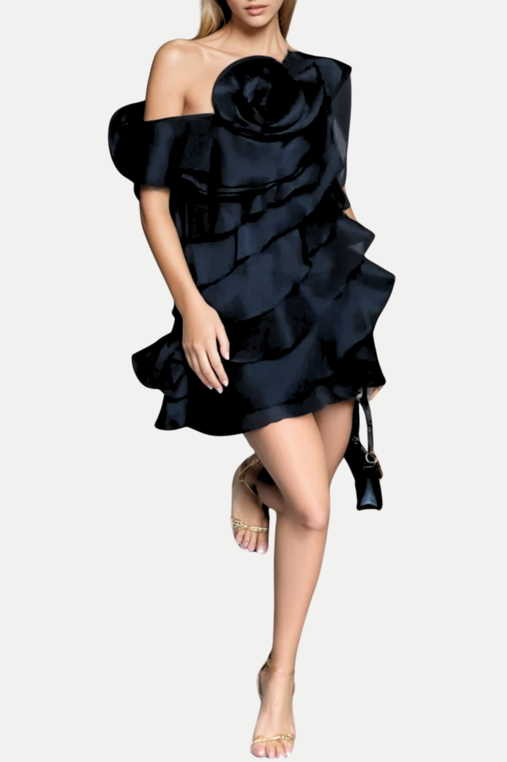 SHELYN BLACK ONE SHOULDER RUFFLE MINI DRESS