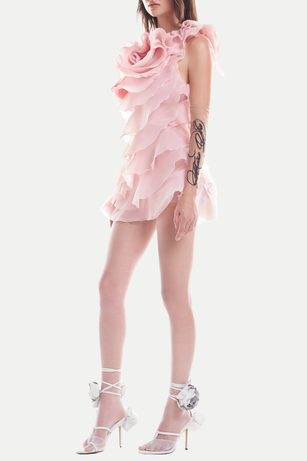 SHELYN FLOWER ONE-SHOULDER RUFFLE MINI DRESS PINK