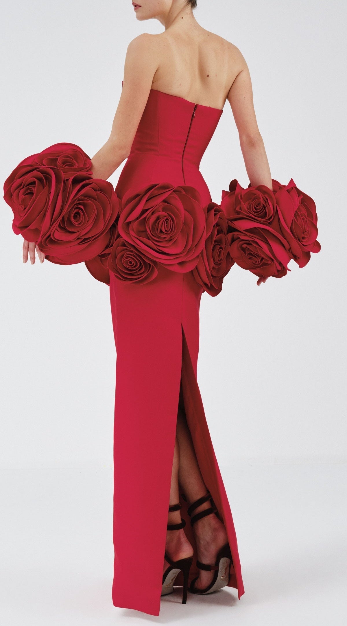 SHERISE RED FLORAL STRAPLESS MAXI BANDAGE DRESS