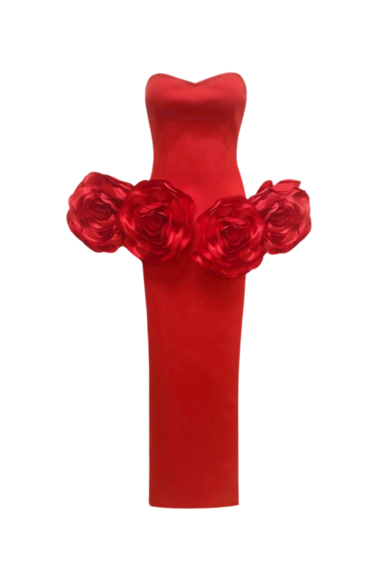 SHERISE RED FLORAL STRAPLESS MAXI BANDAGE DRESS