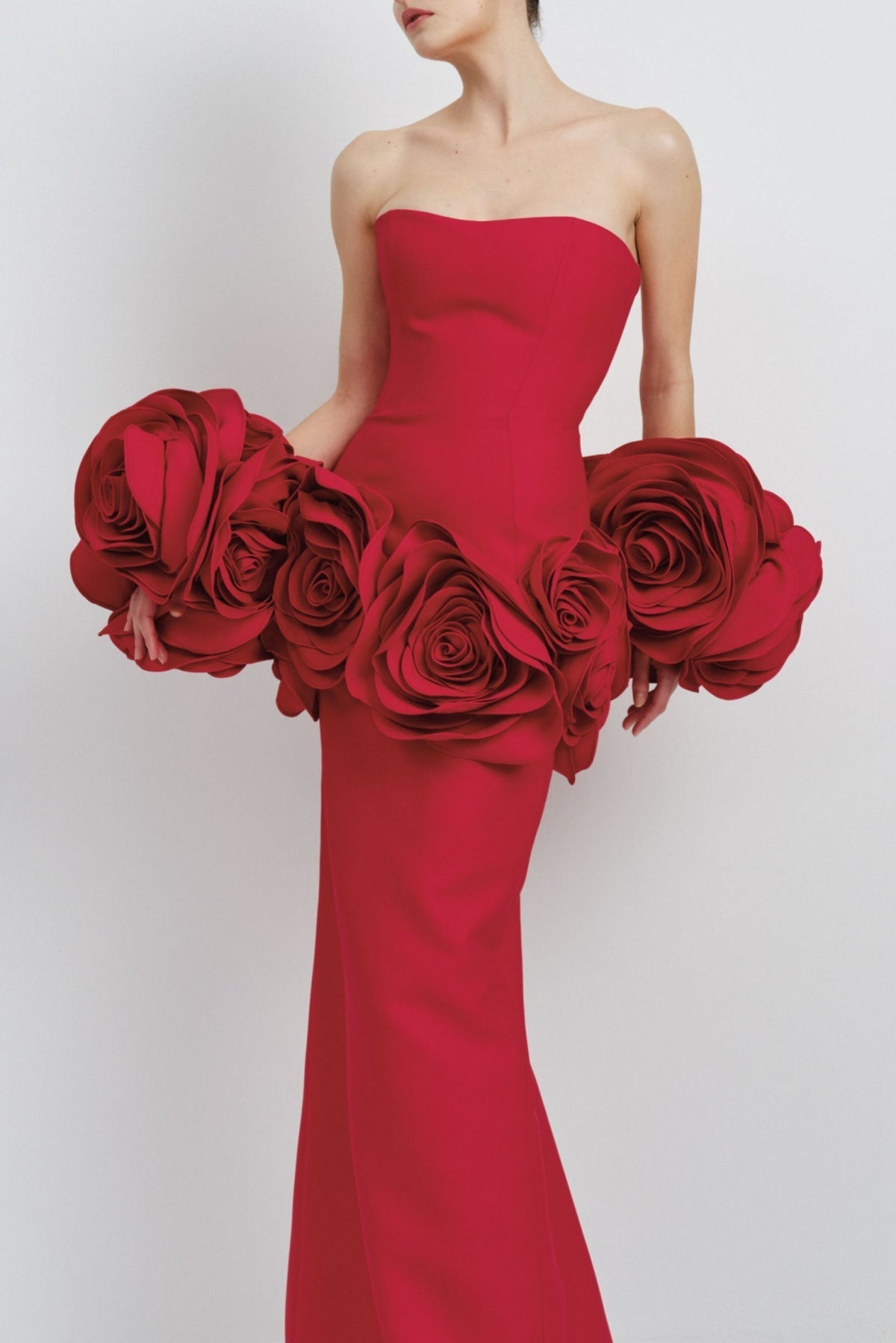 SHERISE RED FLORAL STRAPLESS MAXI BANDAGE DRESS