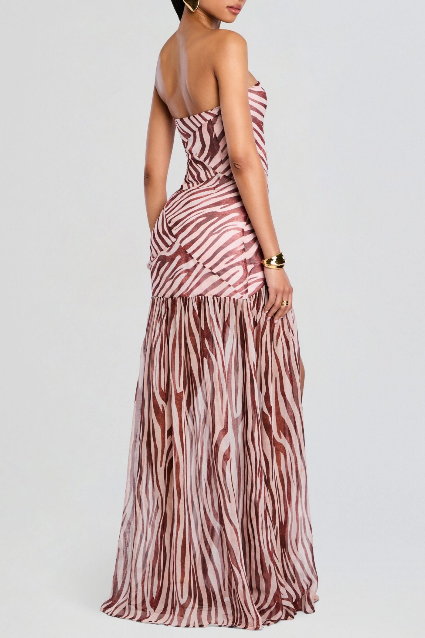 SHMAKA ZEBRA STRAPLESS SLIT MAXI DRESS