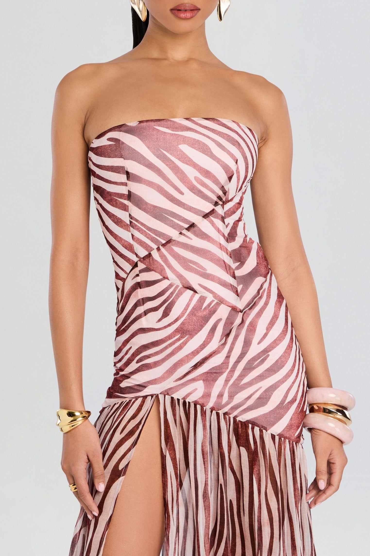 SHMAKA ZEBRA STRAPLESS SLIT MAXI DRESS
