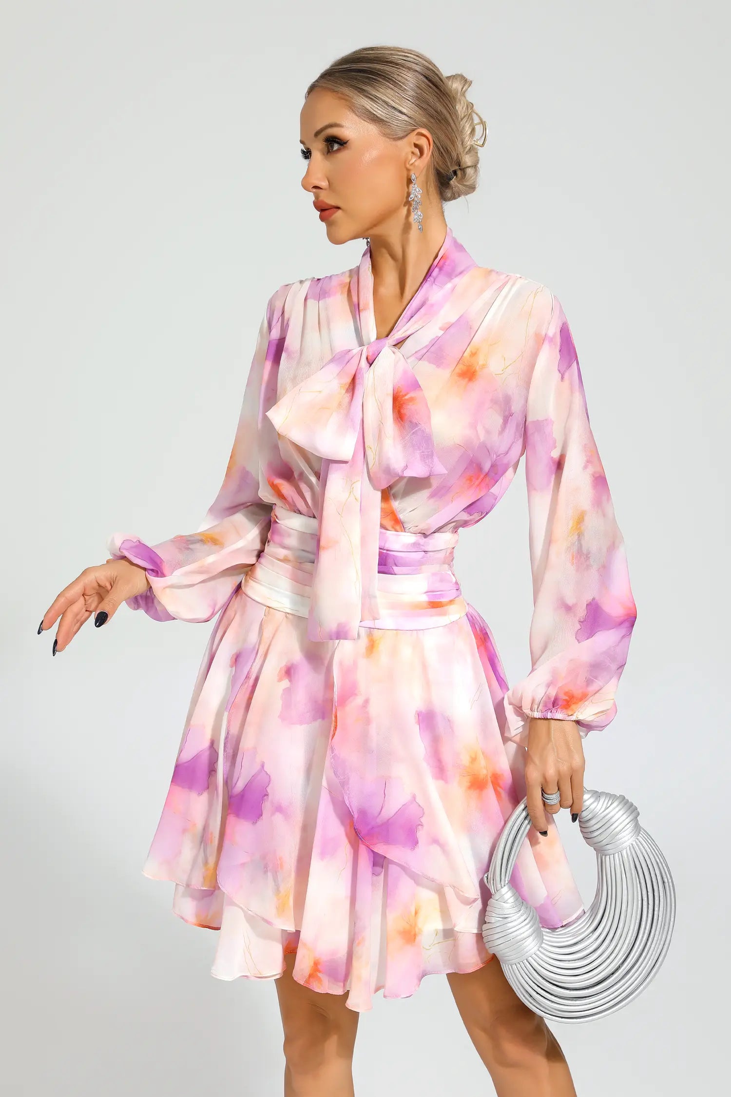 TERESA PINK FLORAL PUFF SLEEVE MINI DRESS FOR PARTY
