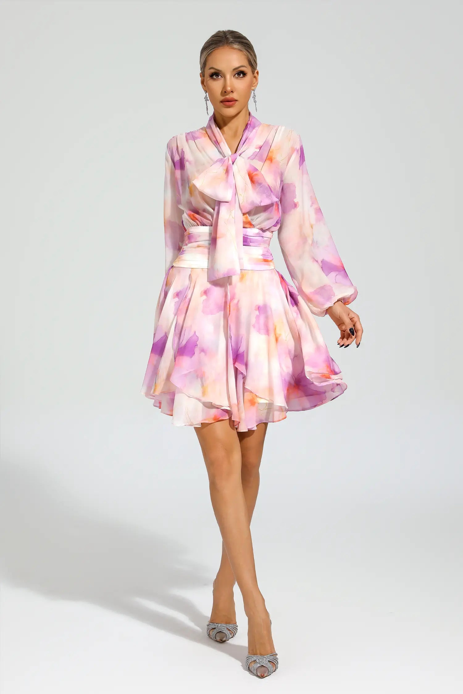 TERESA PINK FLORAL PUFF SLEEVE MINI DRESS FOR PARTY