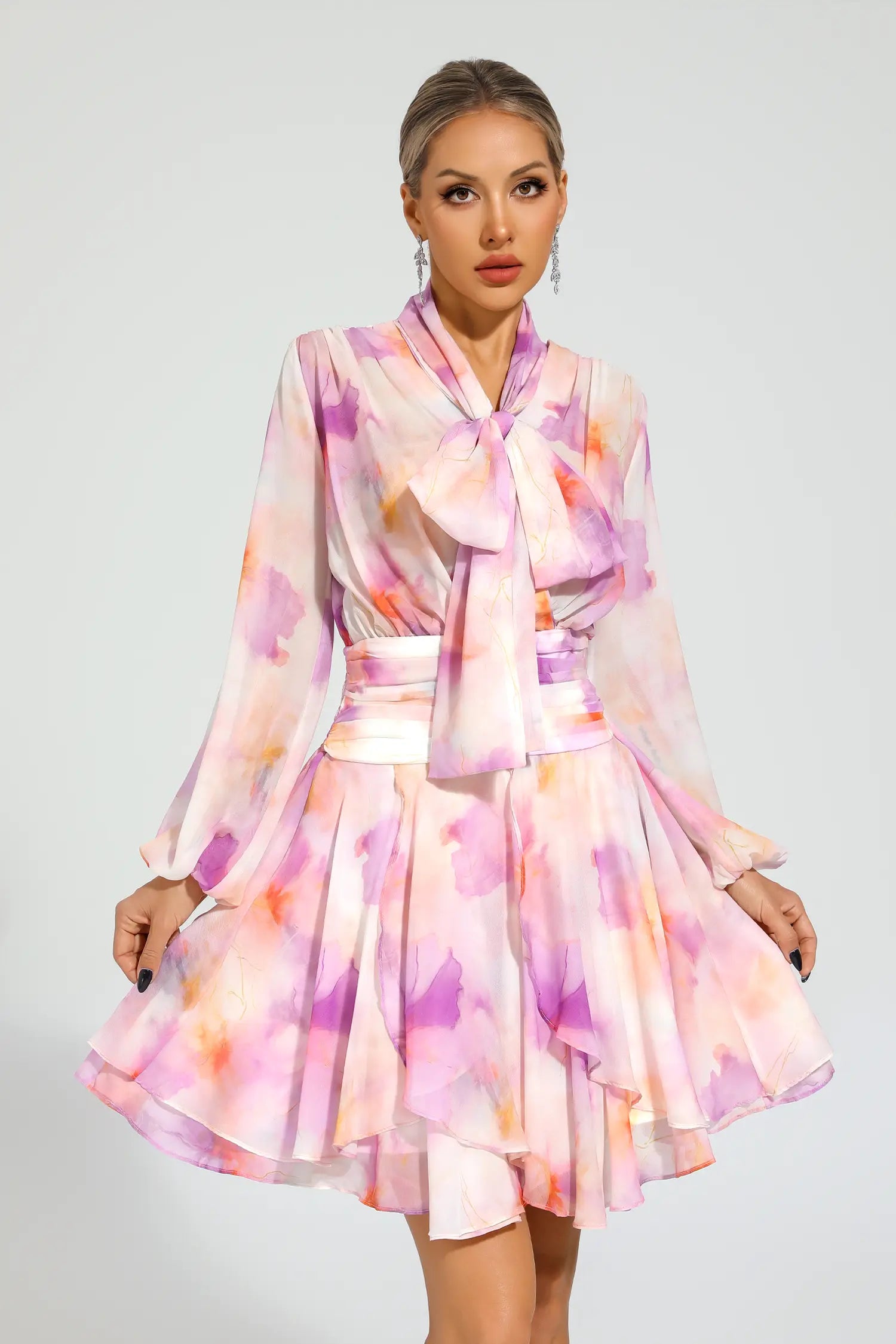 TERESA PINK FLORAL PUFF SLEEVE MINI DRESS FOR PARTY