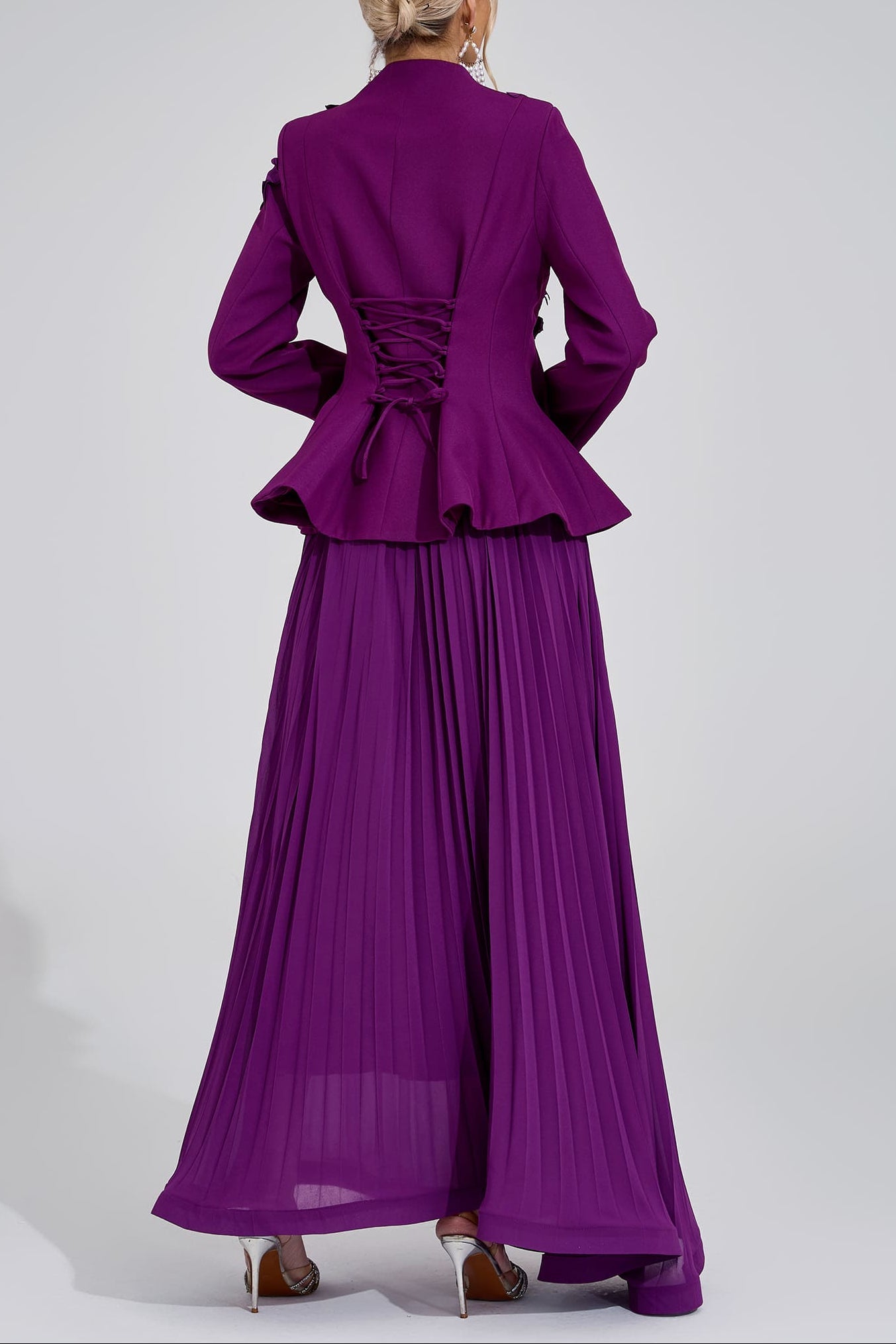 SABRINA FLORAL EMBROIDERED COAT & MAXI SKIRT SET PURPLE