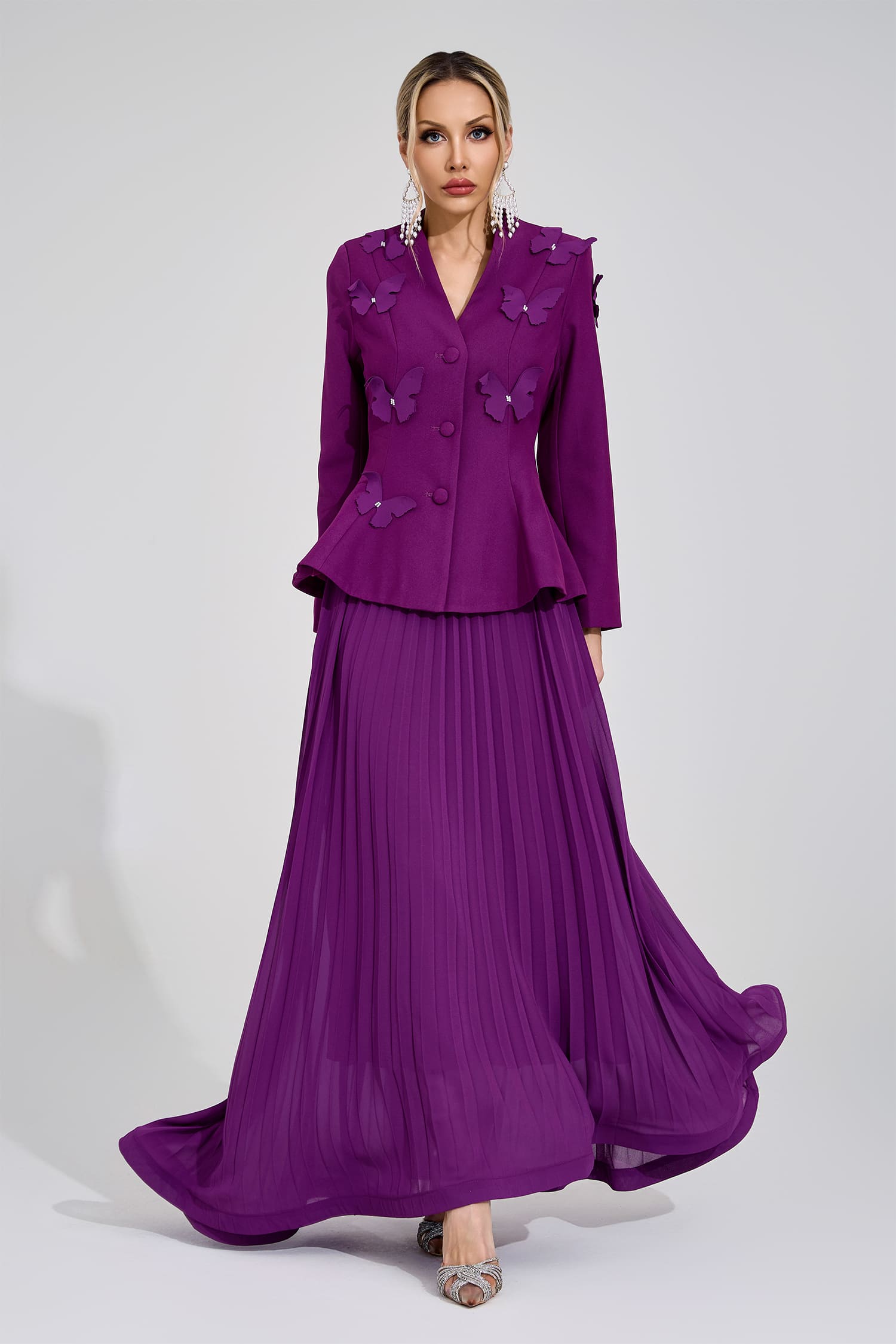 SABRINA FLORAL EMBROIDERED COAT & MAXI SKIRT SET PURPLE