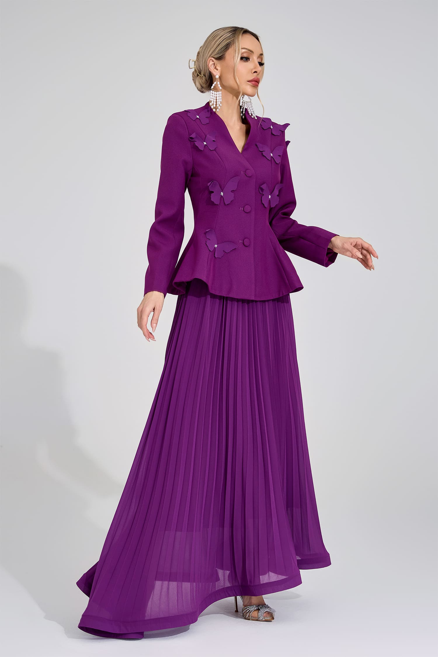 SABRINA FLORAL EMBROIDERED COAT & MAXI SKIRT SET PURPLE