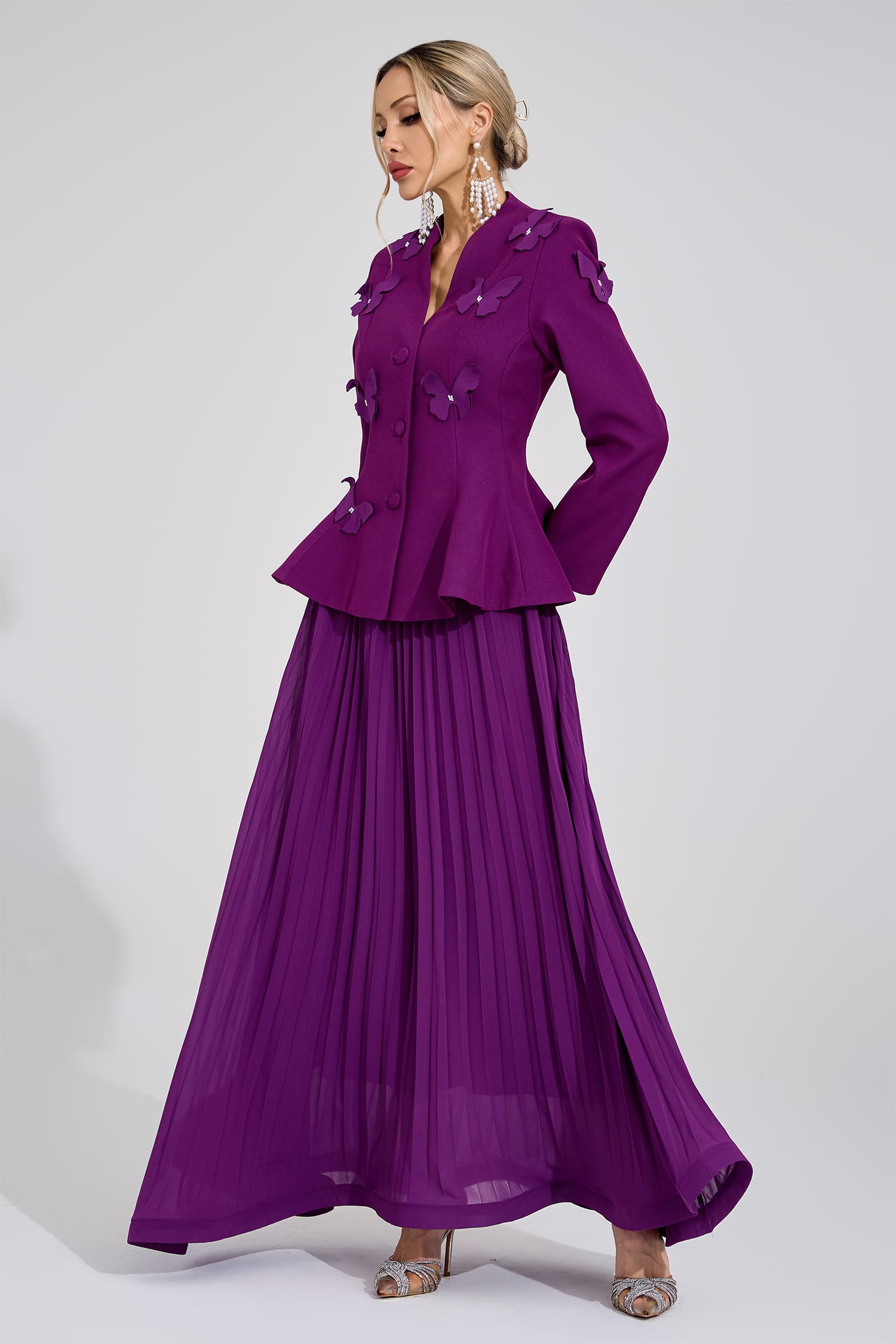 SABRINA FLORAL EMBROIDERED COAT & MAXI SKIRT SET PURPLE