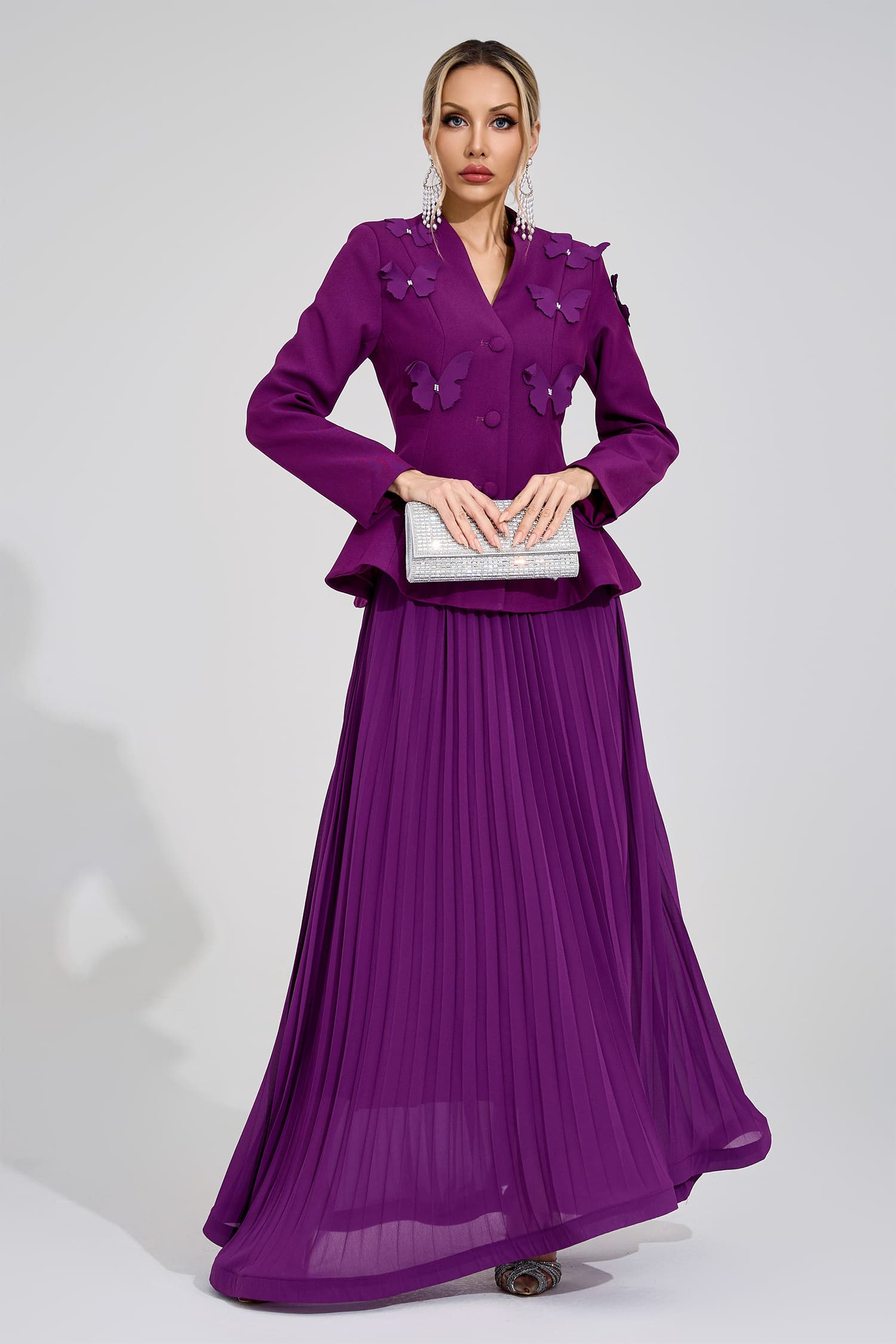 SABRINA FLORAL EMBROIDERED COAT & MAXI SKIRT SET PURPLE