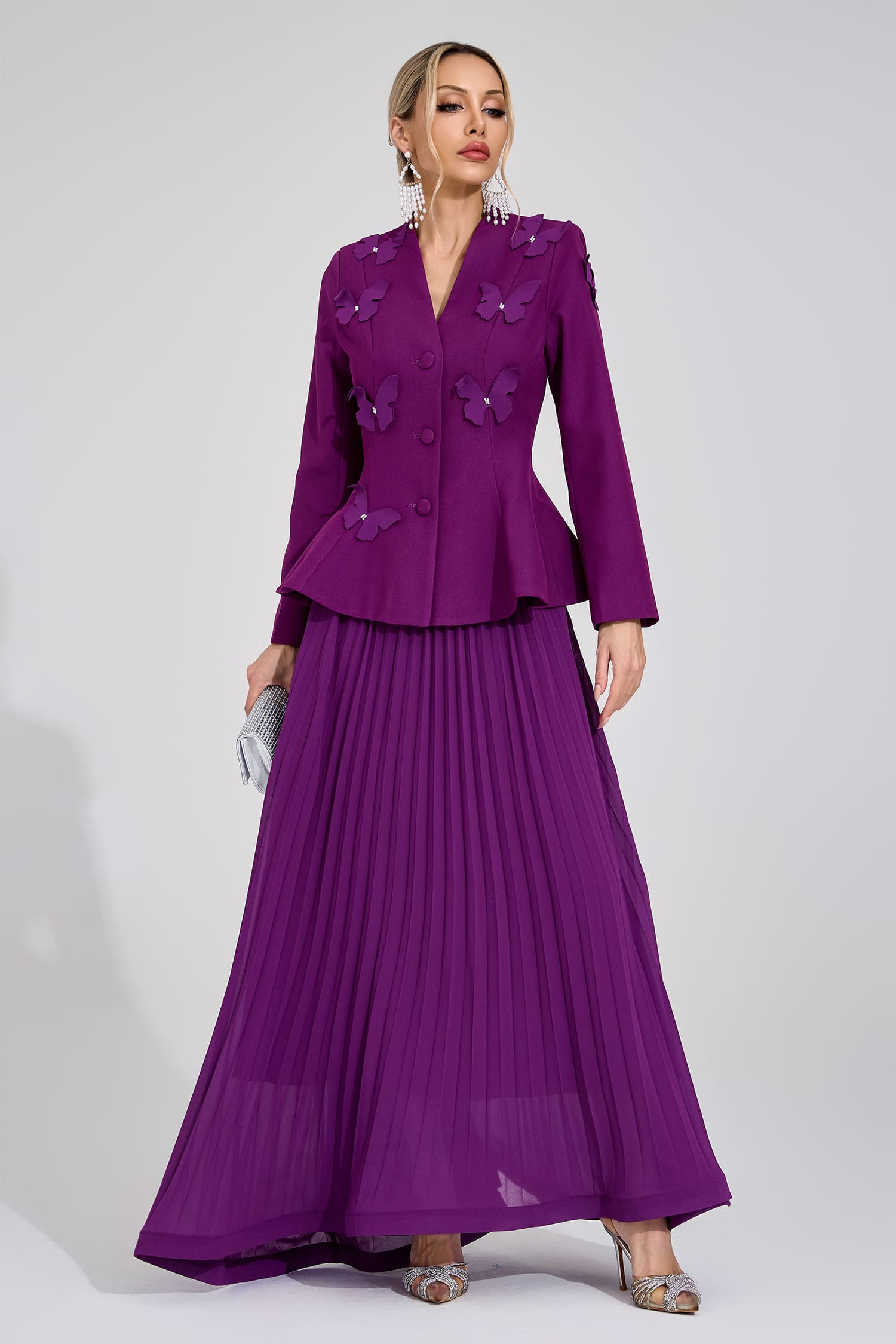 SABRINA FLORAL EMBROIDERED COAT & MAXI SKIRT SET PURPLE
