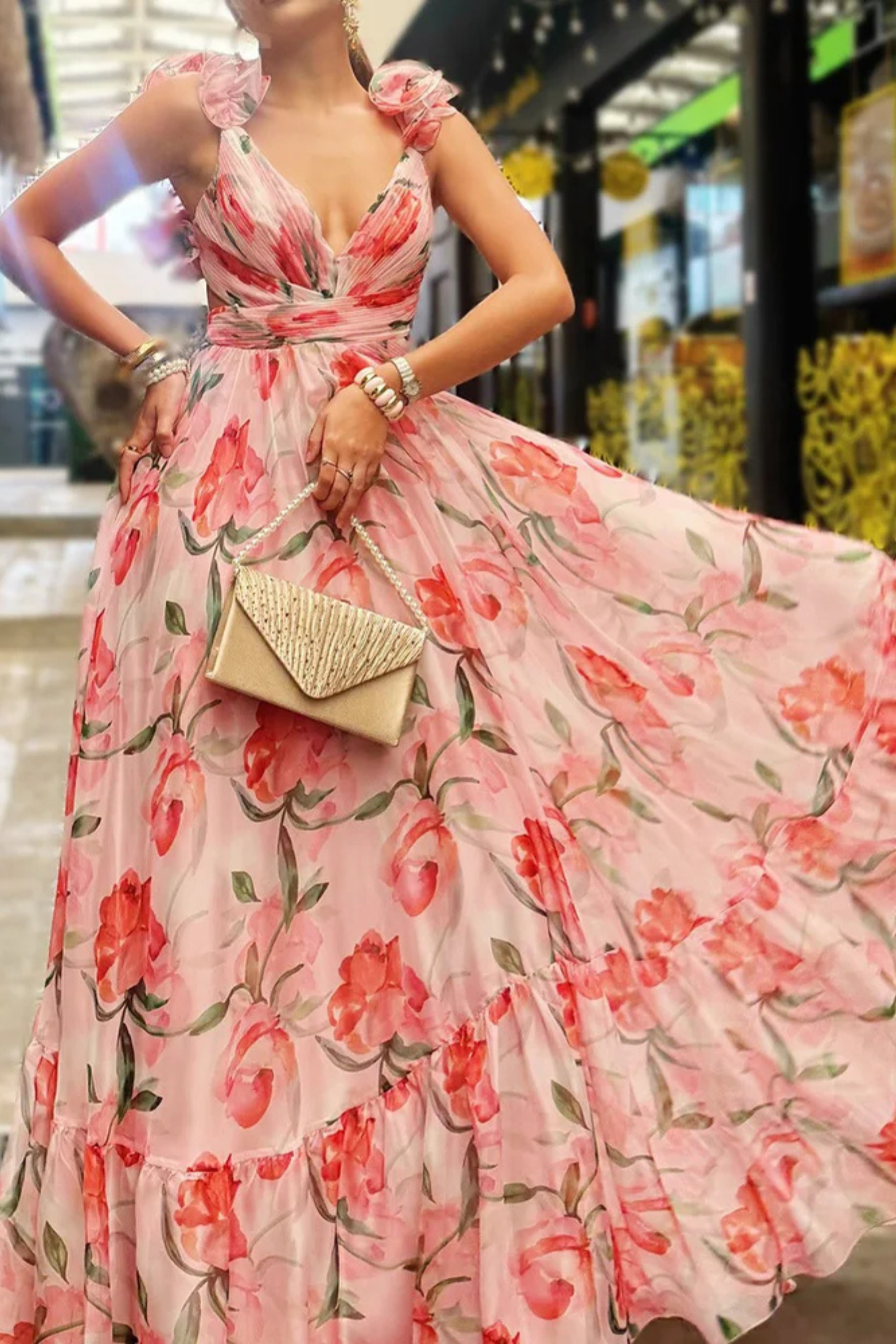 FLORAL RUFFLED BACKLESS MAXI DRESS PINK