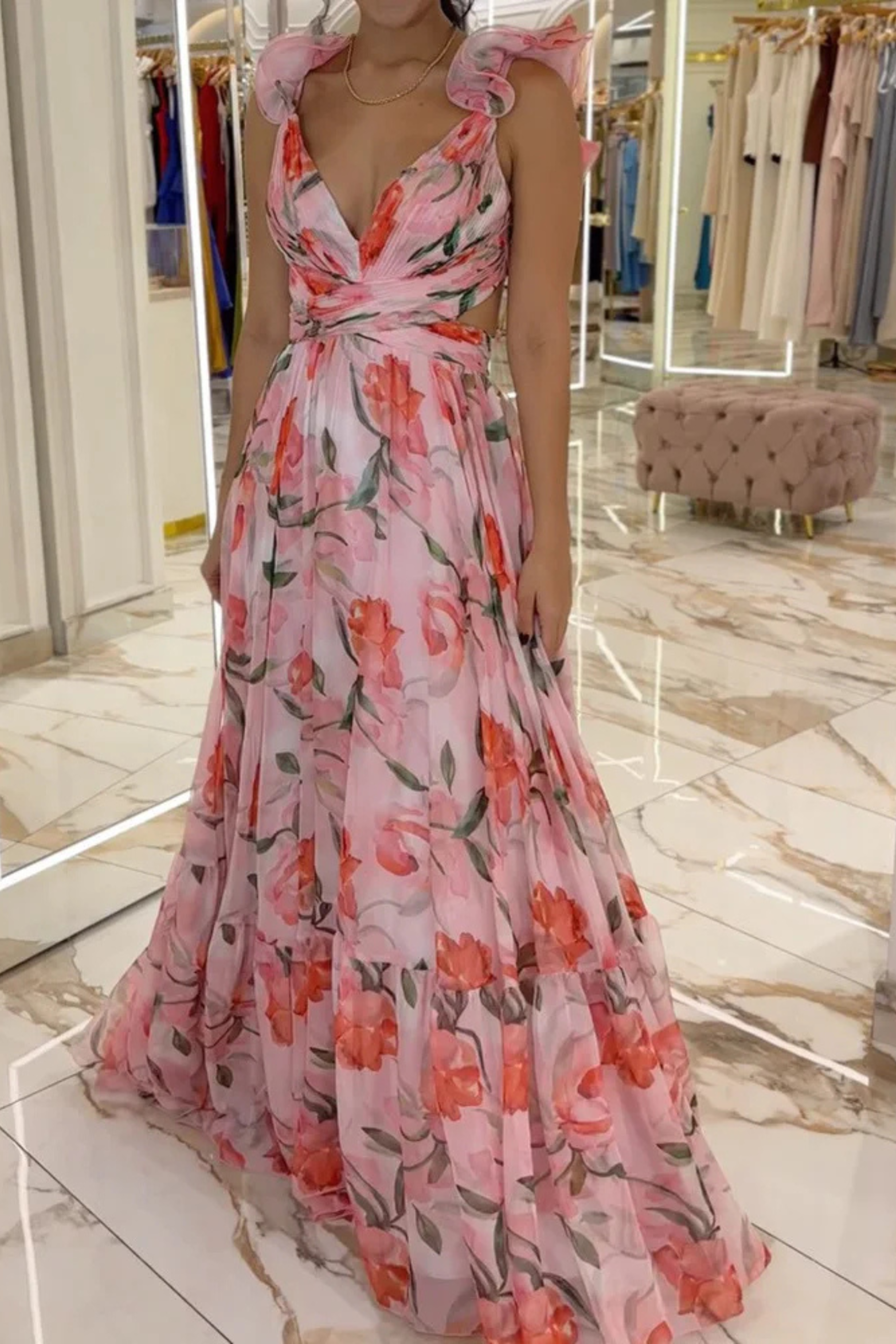 FLORAL RUFFLED BACKLESS MAXI DRESS PINK