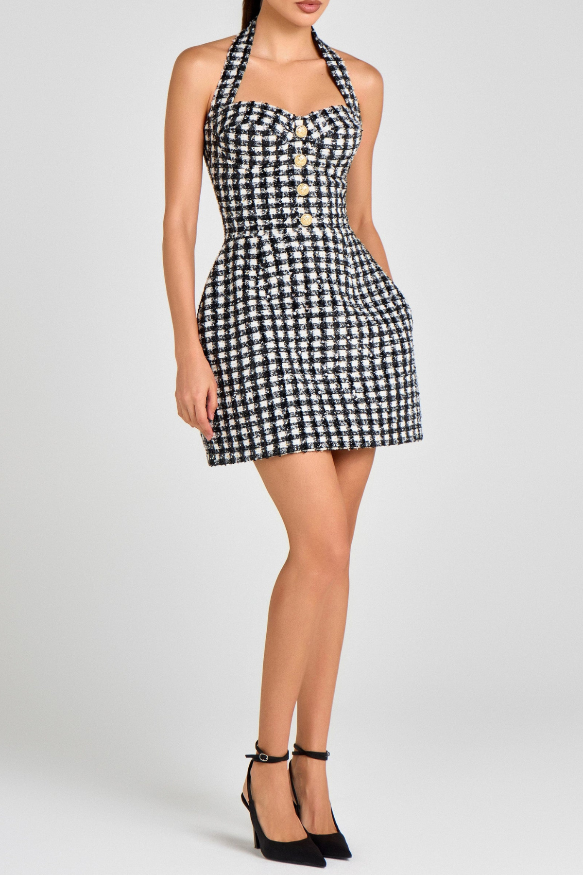 SIOBO HALTER HOUNDSTOOTH TWEED MINI DRESS