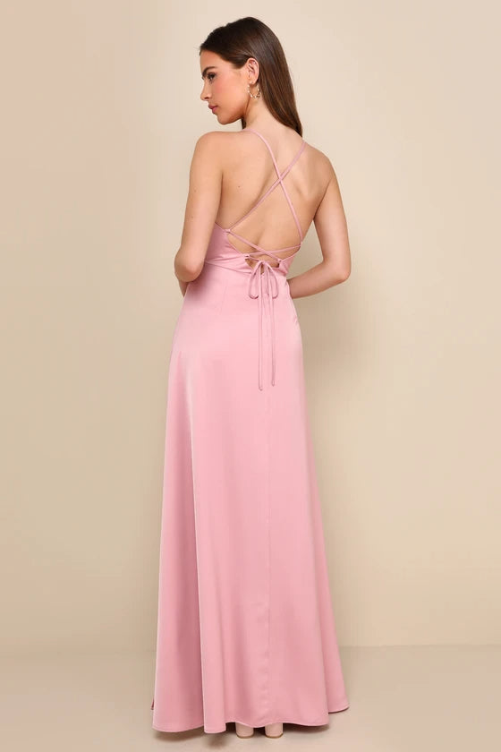 SO LOVING PINK SATIN BACKLESS MAXI DRESS