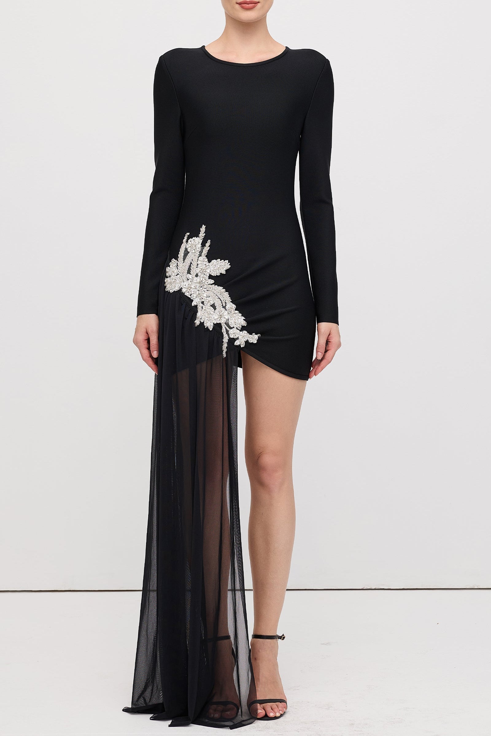 Solid_Asymmetrical_With_Embellishments_Mini_Dress REBECCA BLACK ASYMMETRICAL RHINESTONE MINI DRESS
