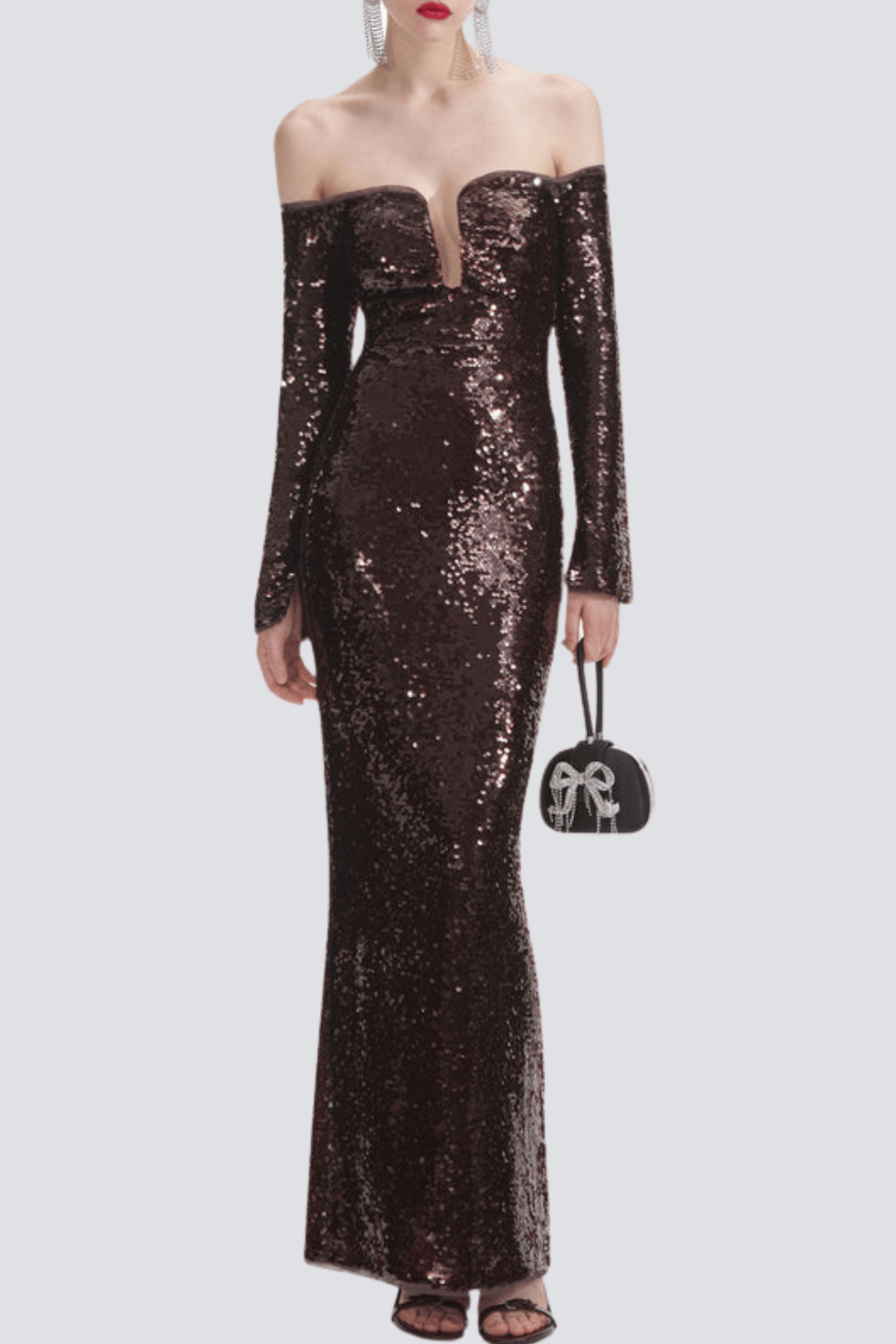 SOLVAY SEQUIN OFF-SHOULDER MAXI DRESS