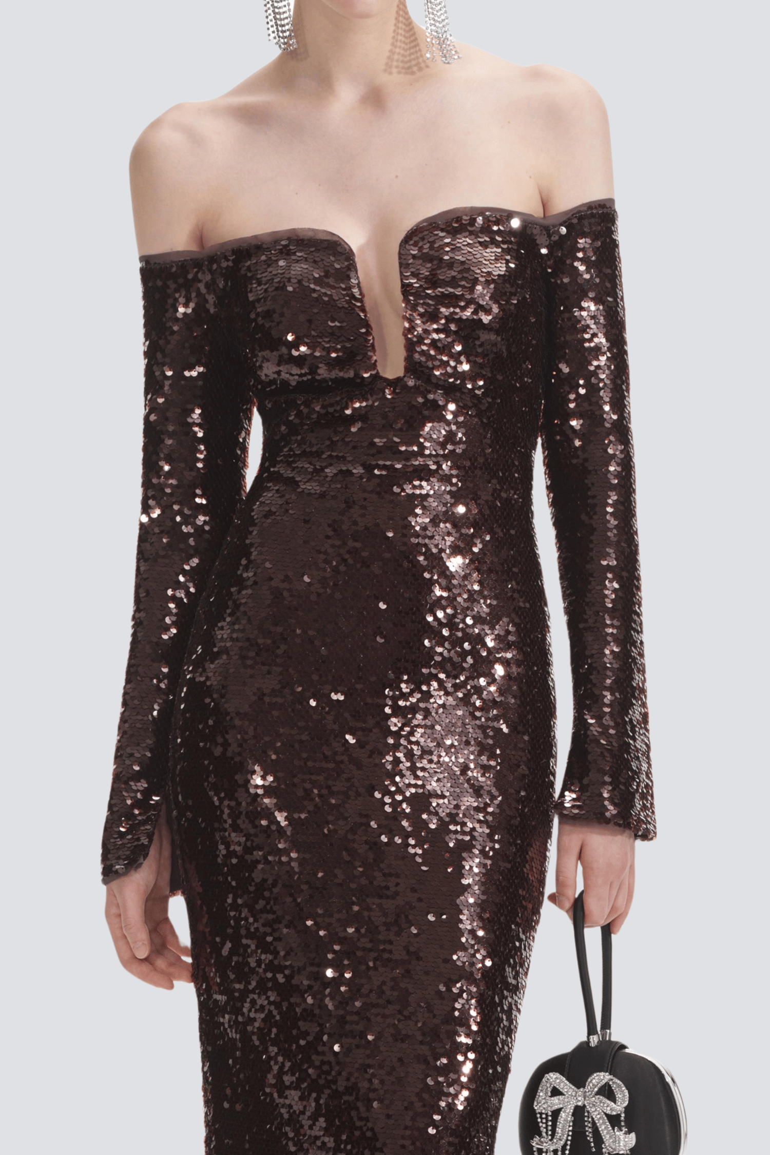 SOLVAY SEQUIN OFF-SHOULDER MAXI DRESS