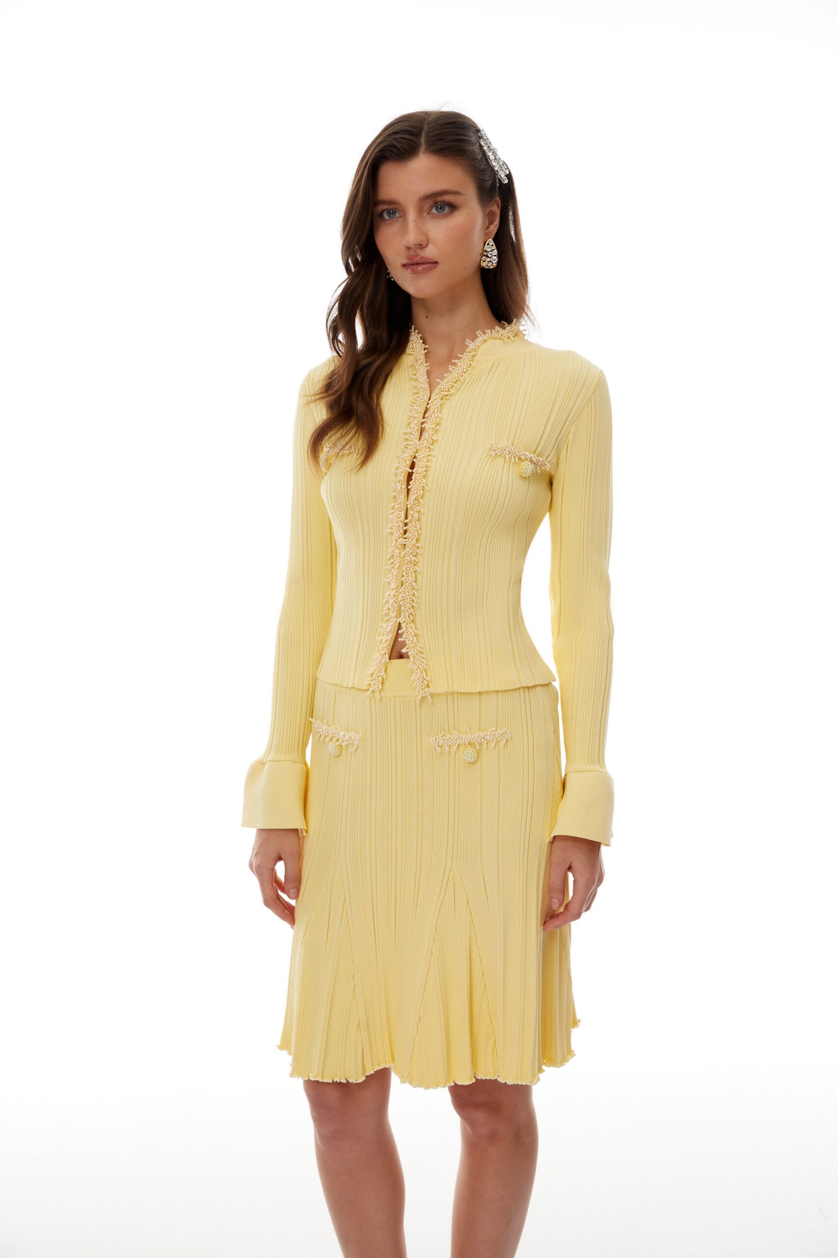POLLY YELLOW BEADED KNIT BLOUSE & SKIRT SET