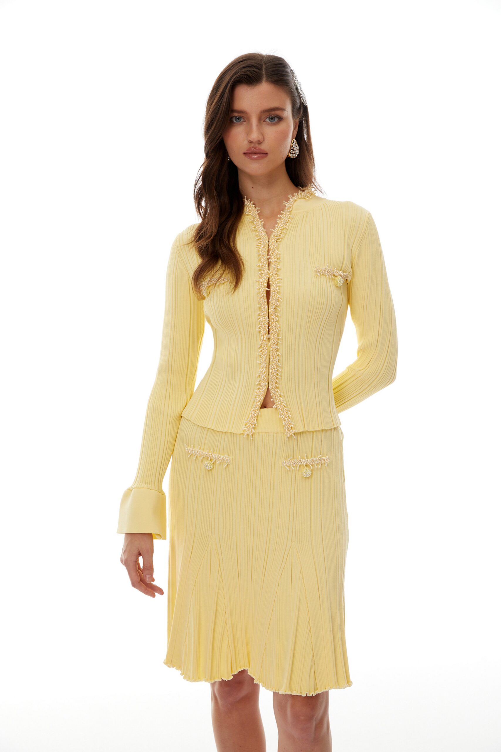 POLLY YELLOW BEADED KNIT BLOUSE & SKIRT SET
