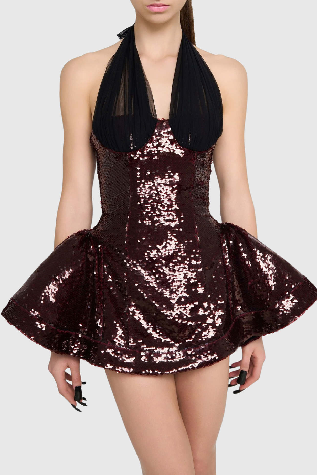 GISELLE SEQUIN HALTER MINI DRESS MERLOT