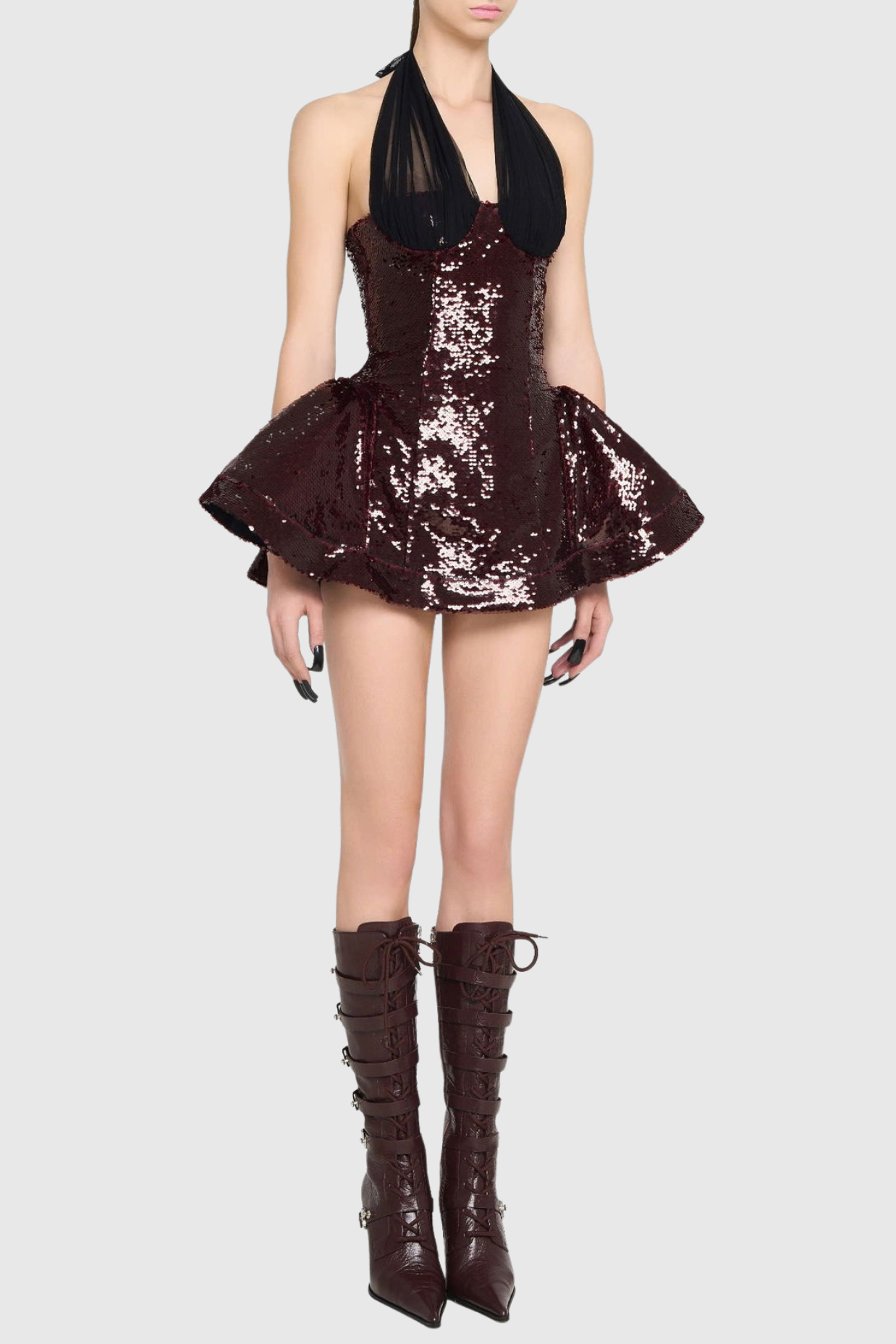 GISELLE SEQUIN HALTER MINI DRESS MERLOT