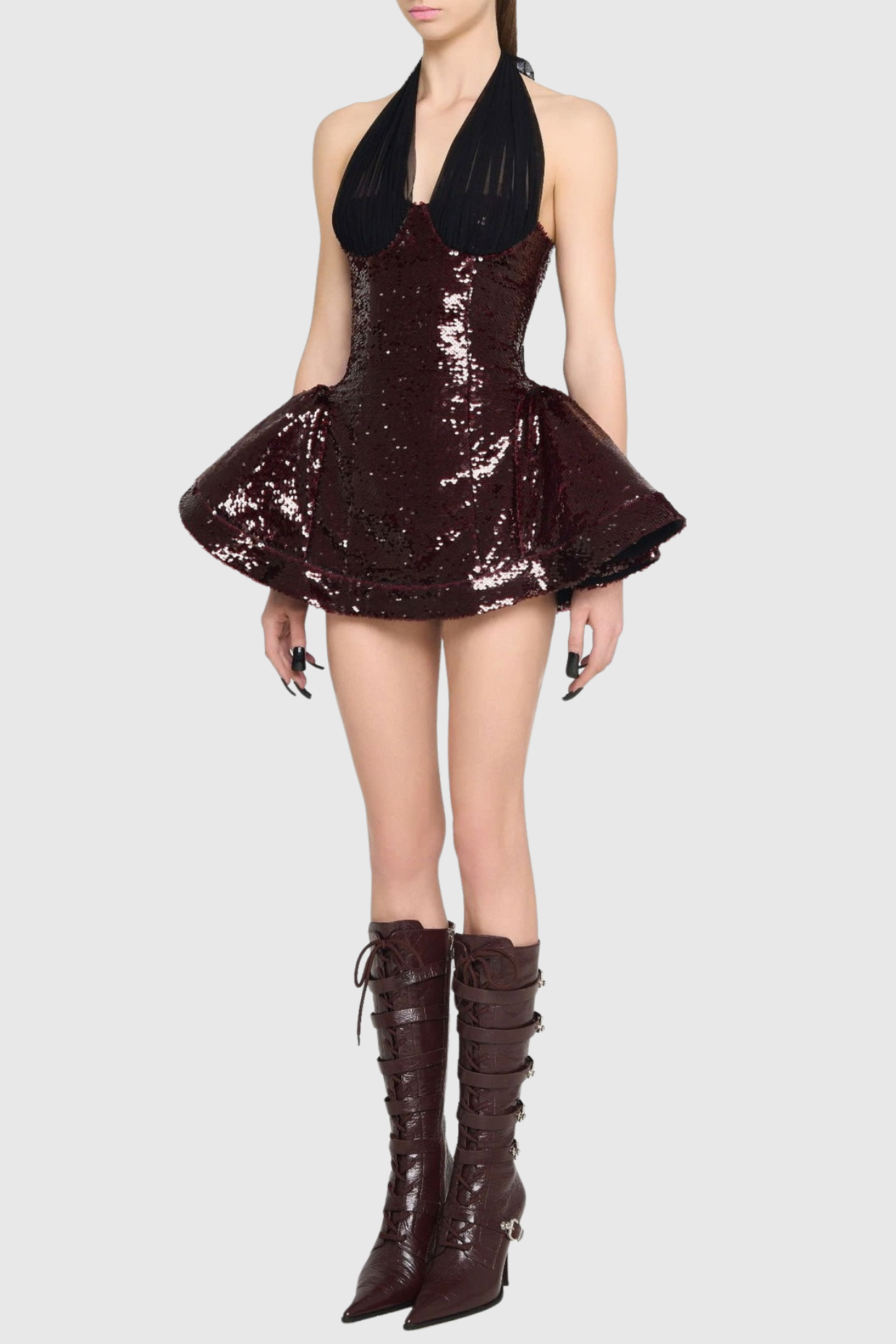 GISELLE SEQUIN HALTER MINI DRESS MERLOT