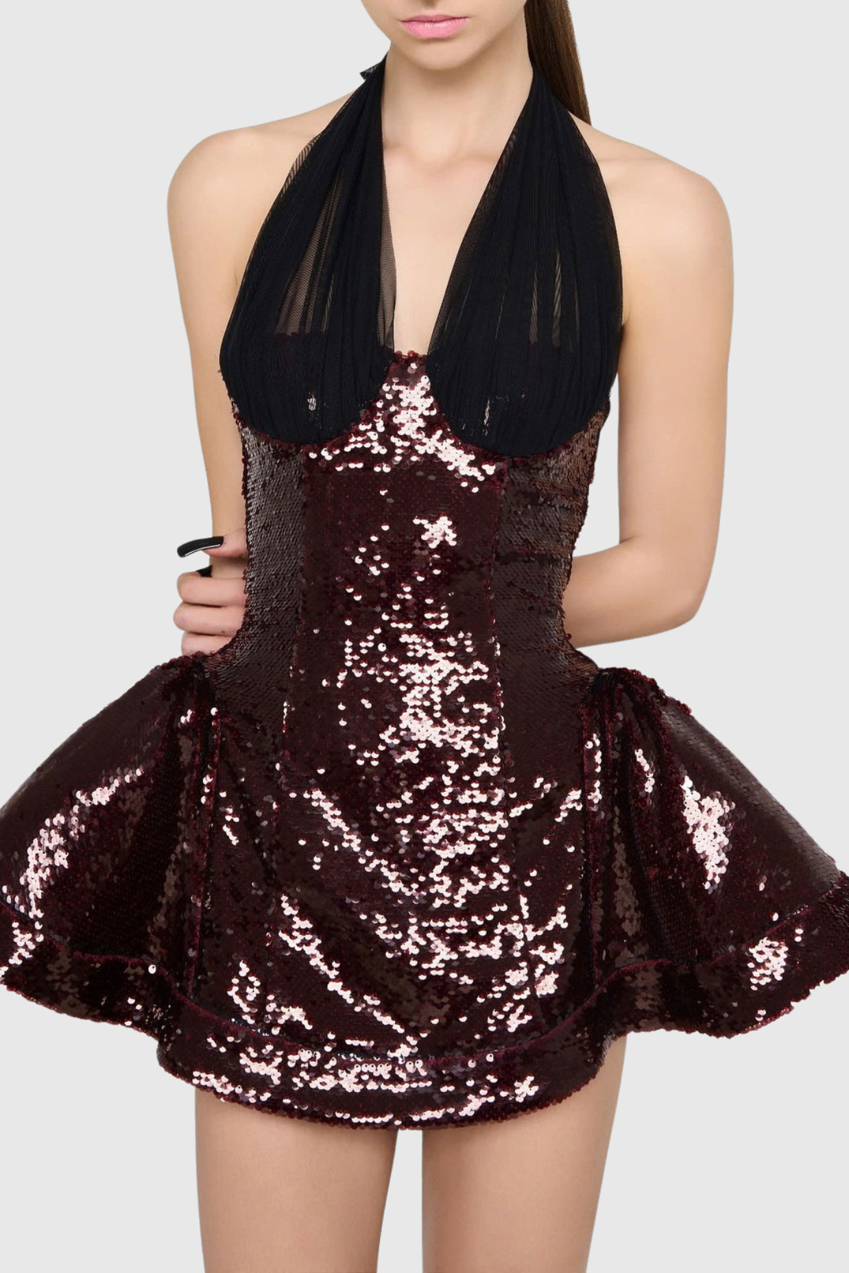 GISELLE SEQUIN HALTER MINI DRESS MERLOT