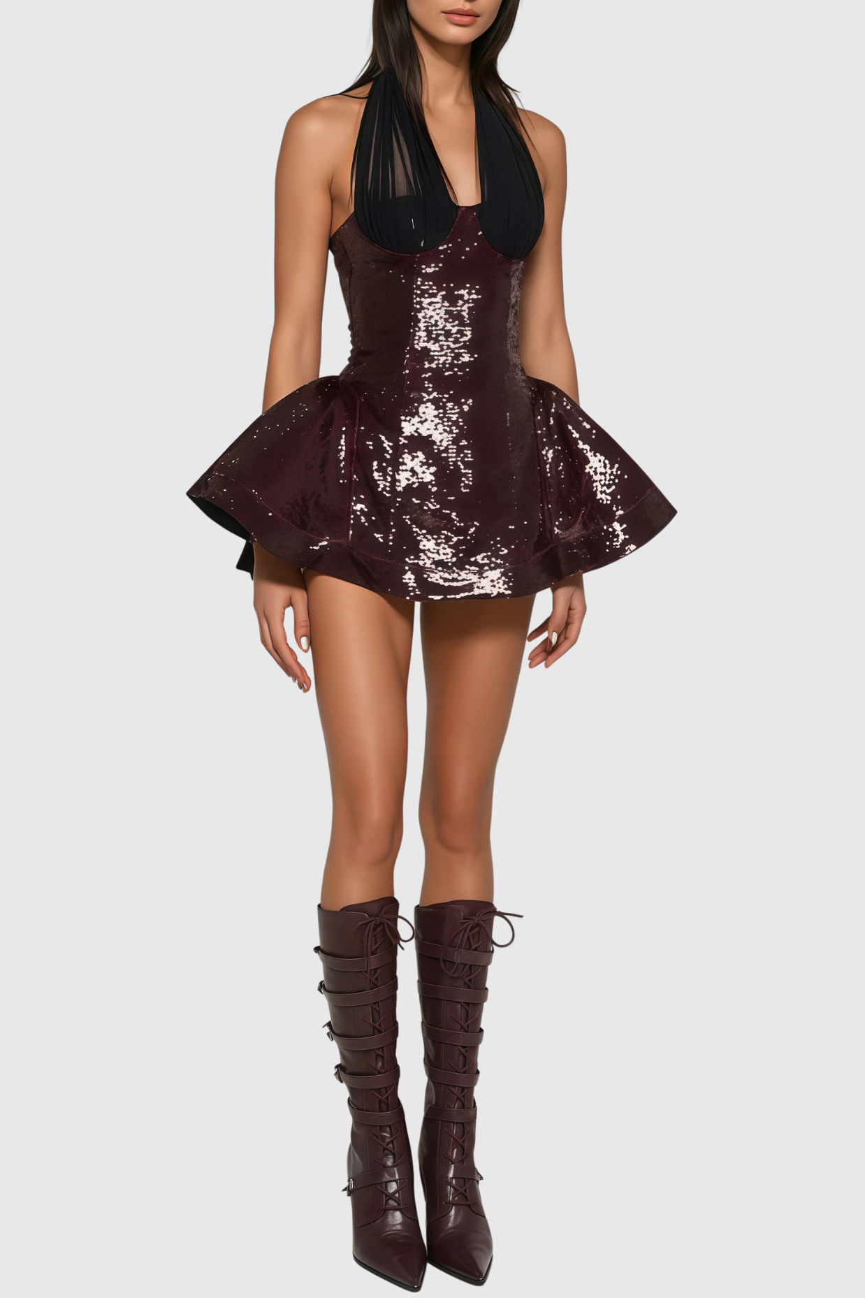 GISELLE SEQUIN HALTER MINI DRESS MERLOT