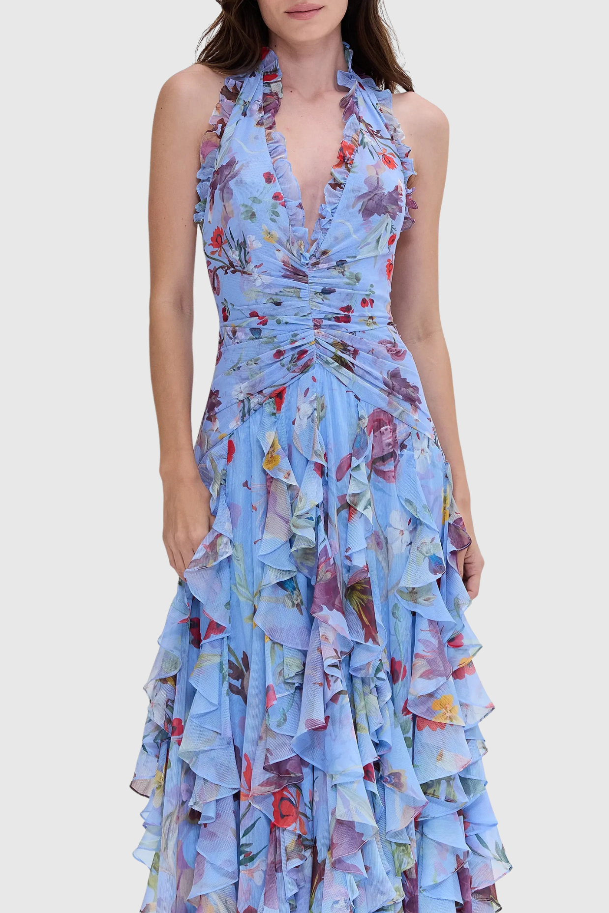 FLORAL HALTER RUFFLE TULLE MAXI DRESS BLUE
