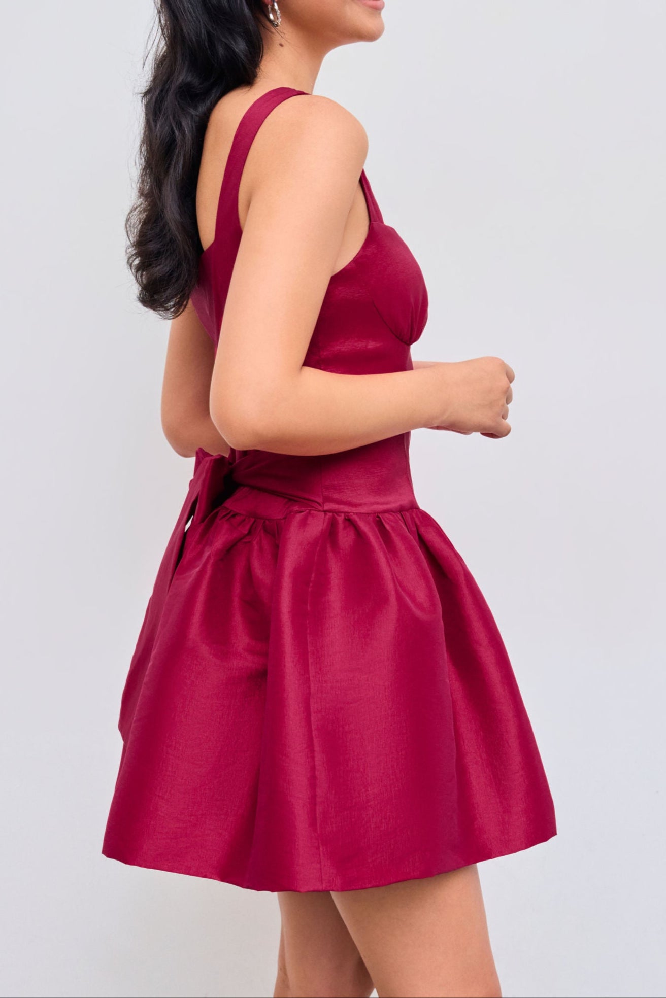 SQUARE NECK BOWKNOT RED MINI DRESS FOR PARTY