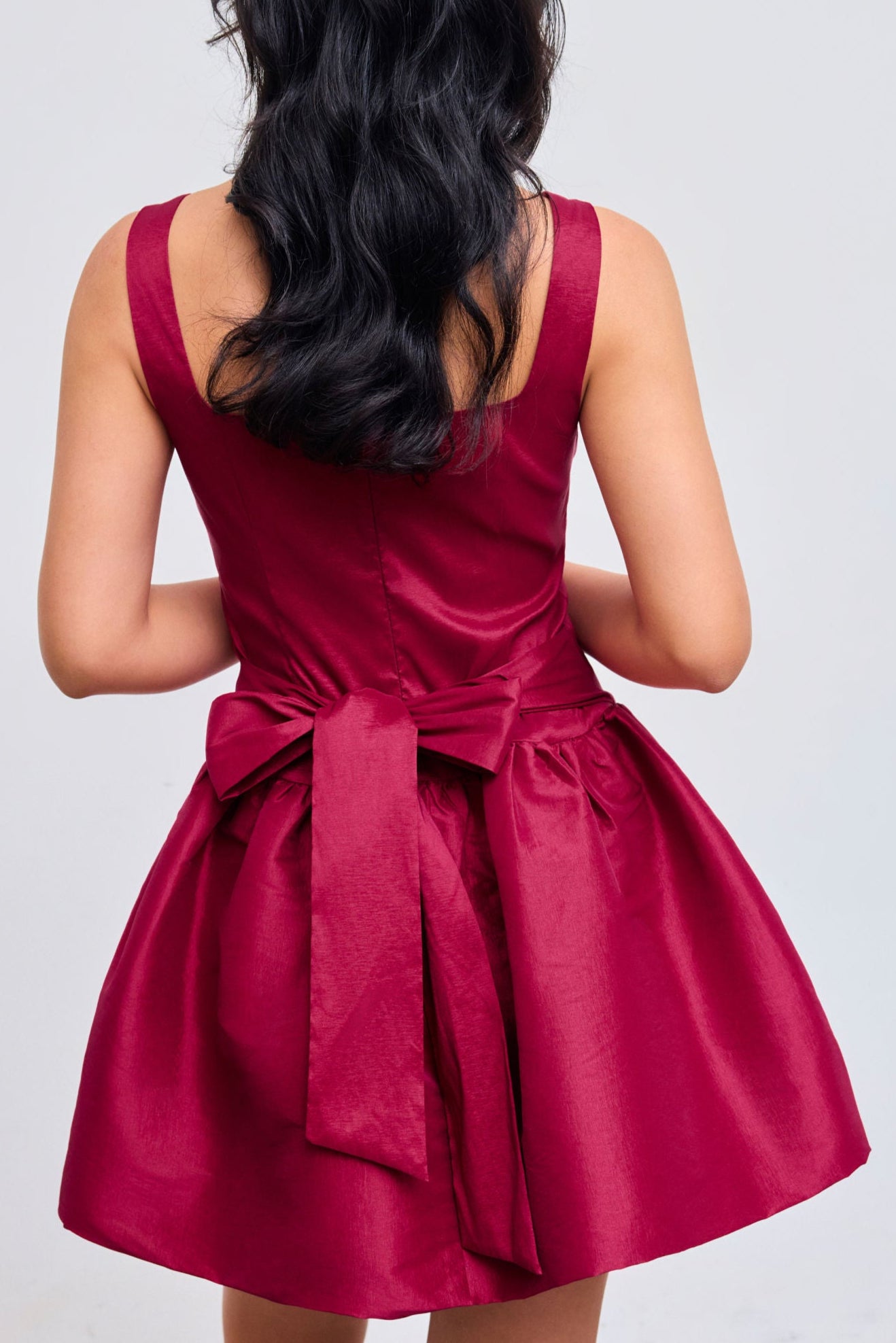 SQUARE NECK BOWKNOT RED MINI DRESS FOR PARTY