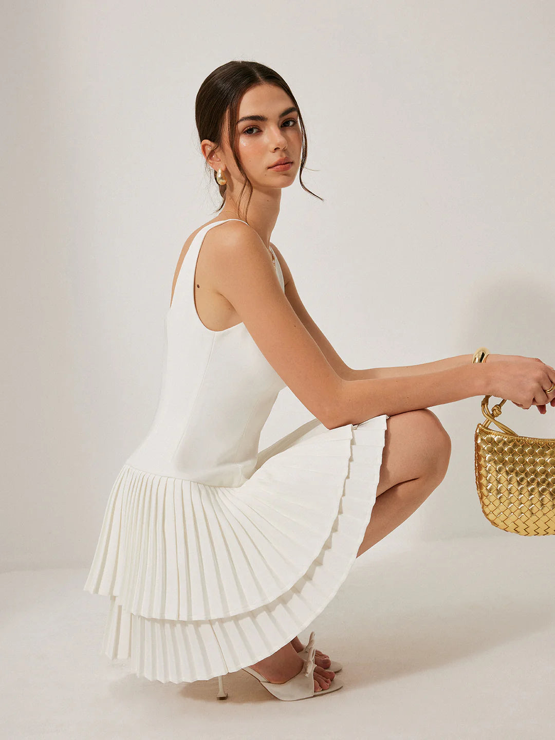 SQUARE NECK PLEATED LAYERED MINI DRESS