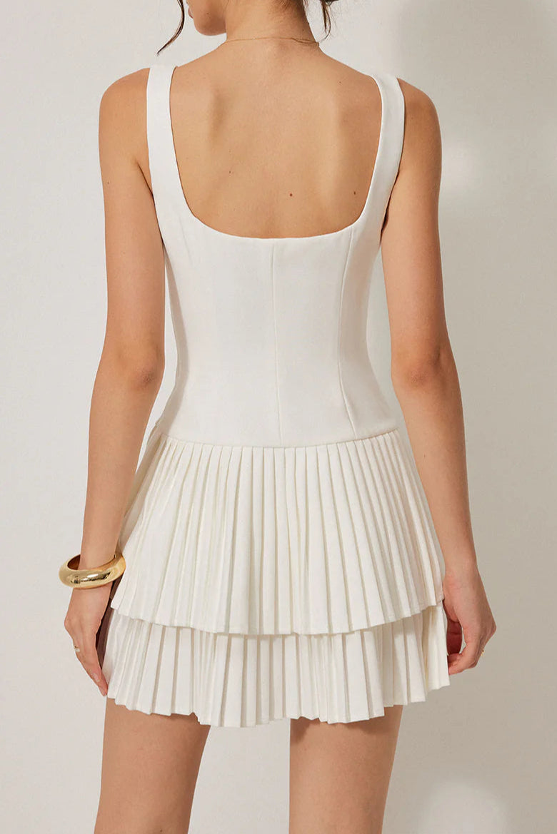 SQUARE NECK PLEATED LAYERED MINI DRESS