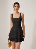 SQUARE NECK PLEATED LAYERED MINI DRESS