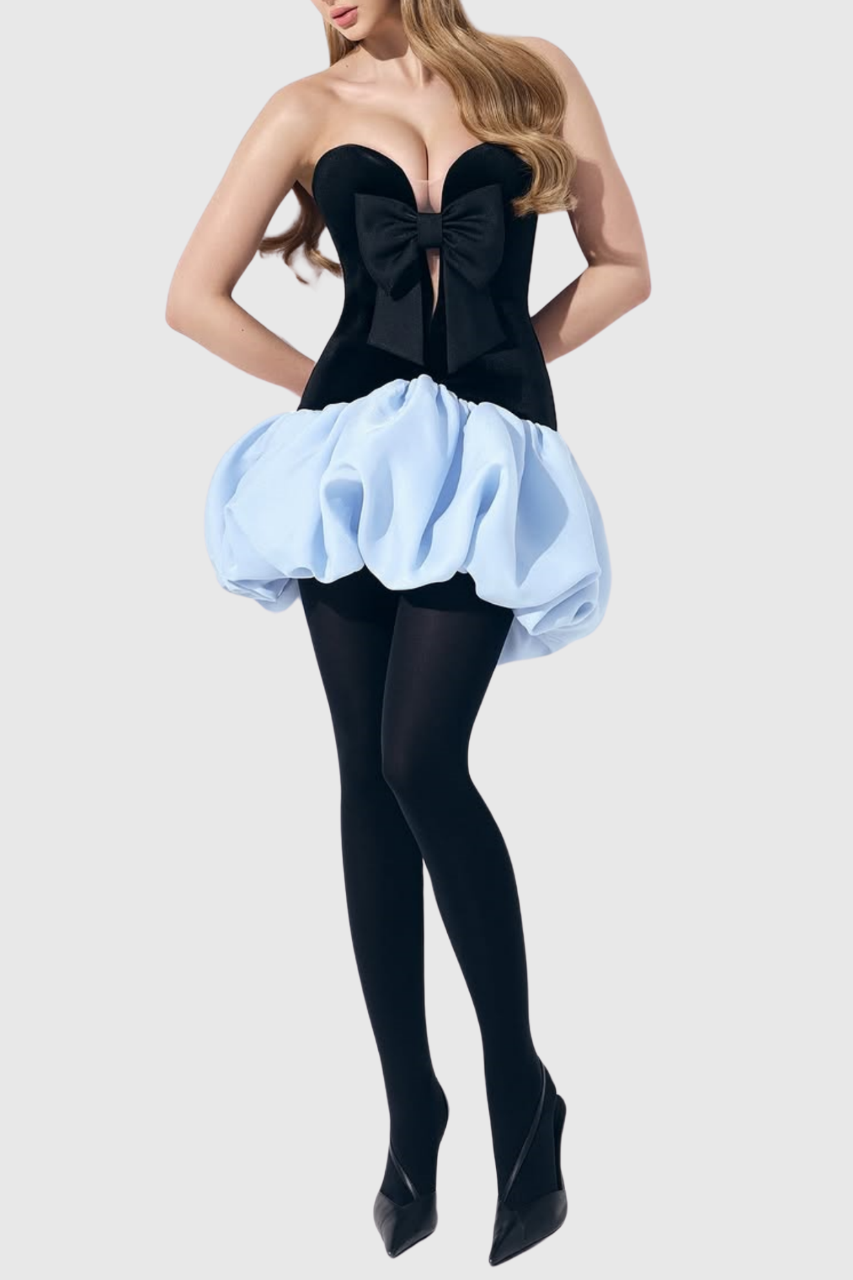 StanskiStraplessVelvetBowPuffySatinMiniDress_1 STANSKI STRAPLESS VELVET BOW PUFFY SATIN MINI DRESS