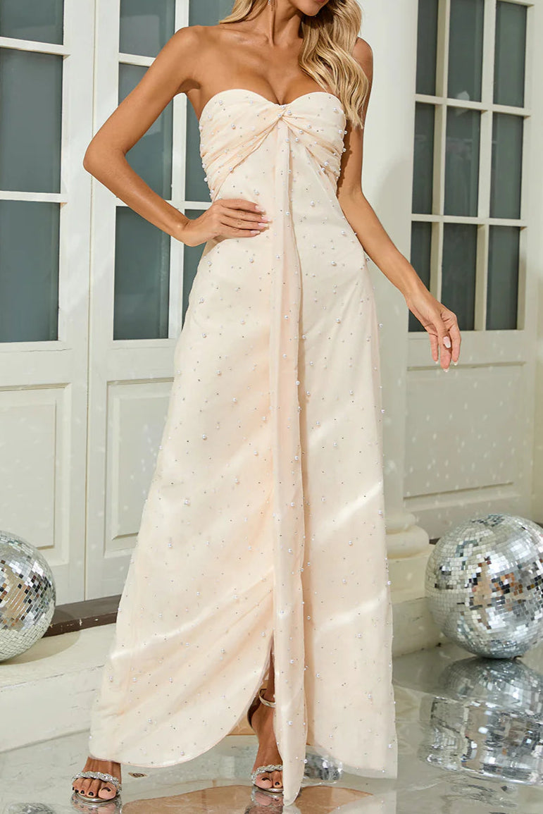 STRAPLESS PEARL CRYSTAL MAXI DRESS FOR WEDDING