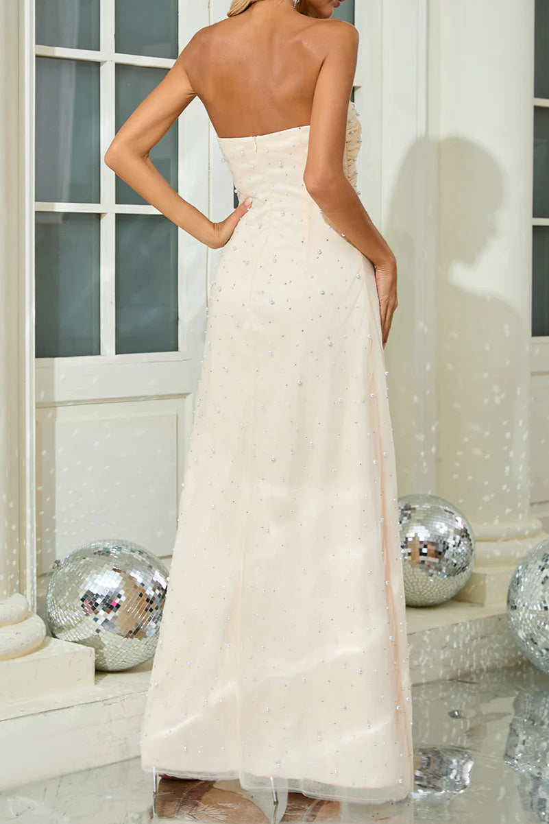 STRAPLESS PEARL CRYSTAL MAXI DRESS FOR WEDDING