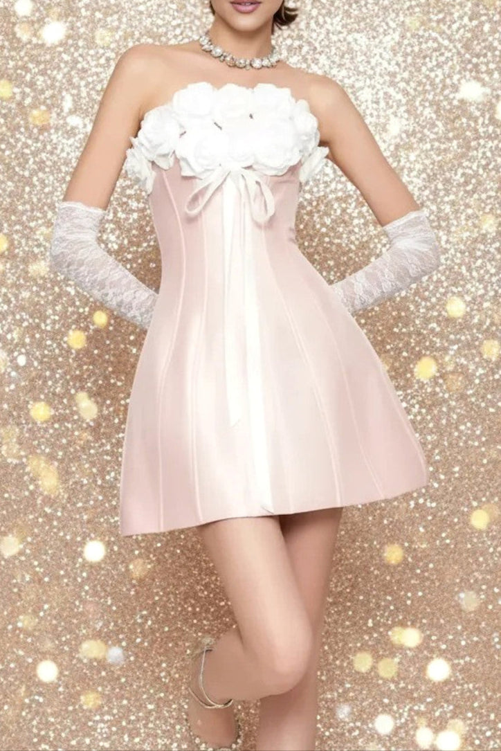 GLADYS STRAPLESS PINK 3D FLORAL CORSET A-LINE DRESS