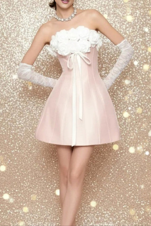 GLADYS STRAPLESS PINK 3D FLORAL CORSET A-LINE DRESS
